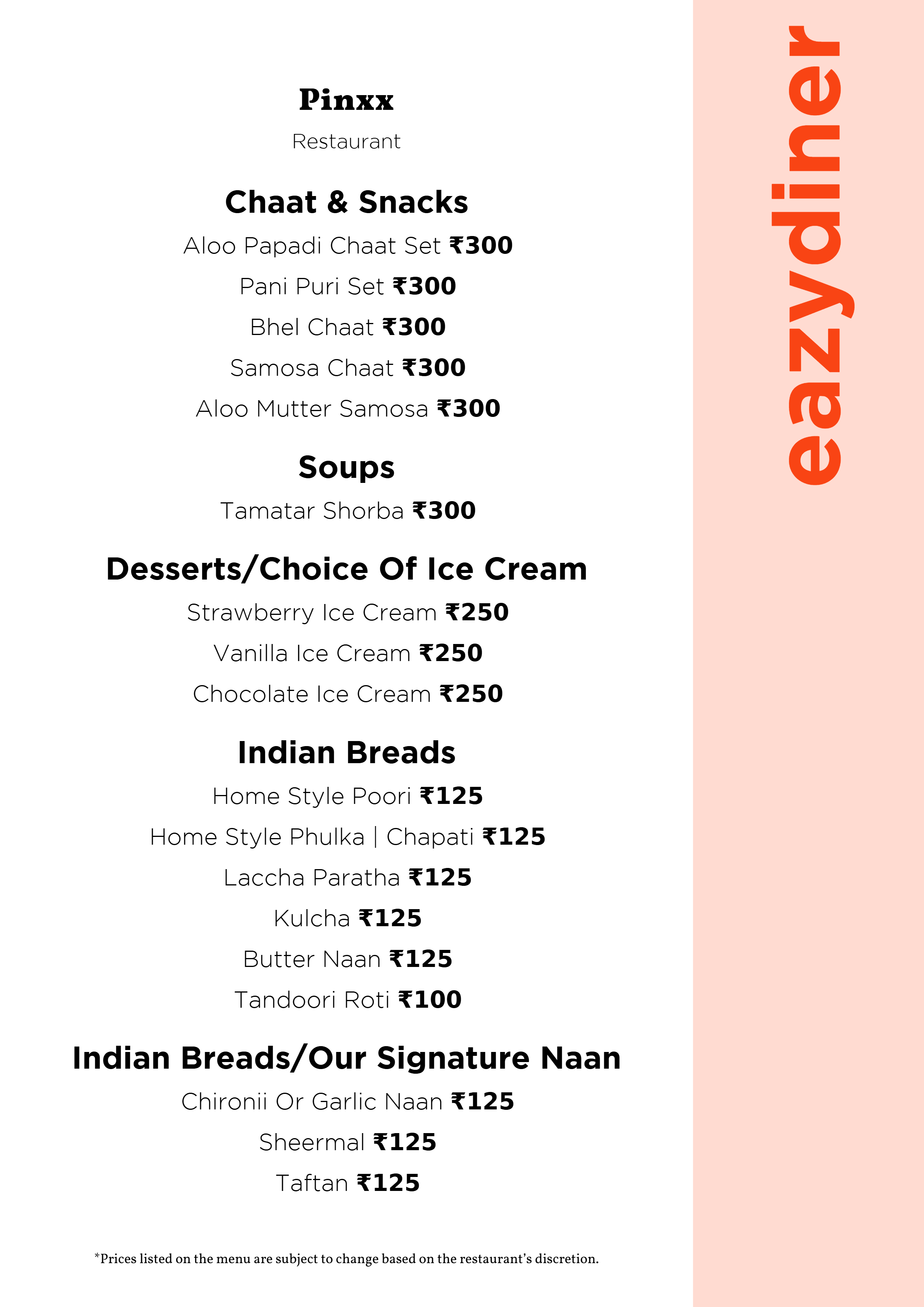 Dining Experience for Two at Pinxx, Bengaluru — Food menu
