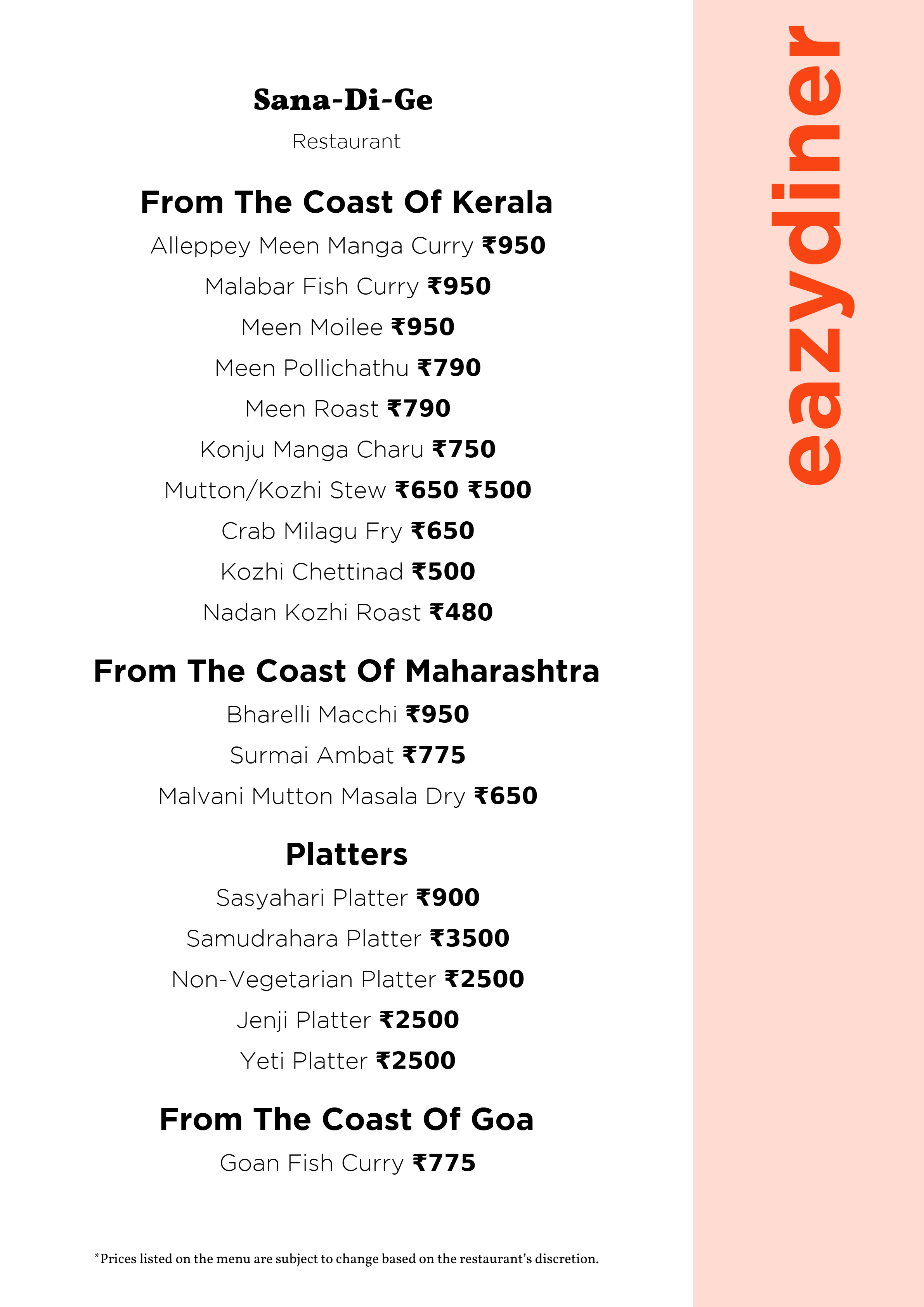 Dining Experience for Two at Sana-Di-Ge, Seshadripuram — Food menu