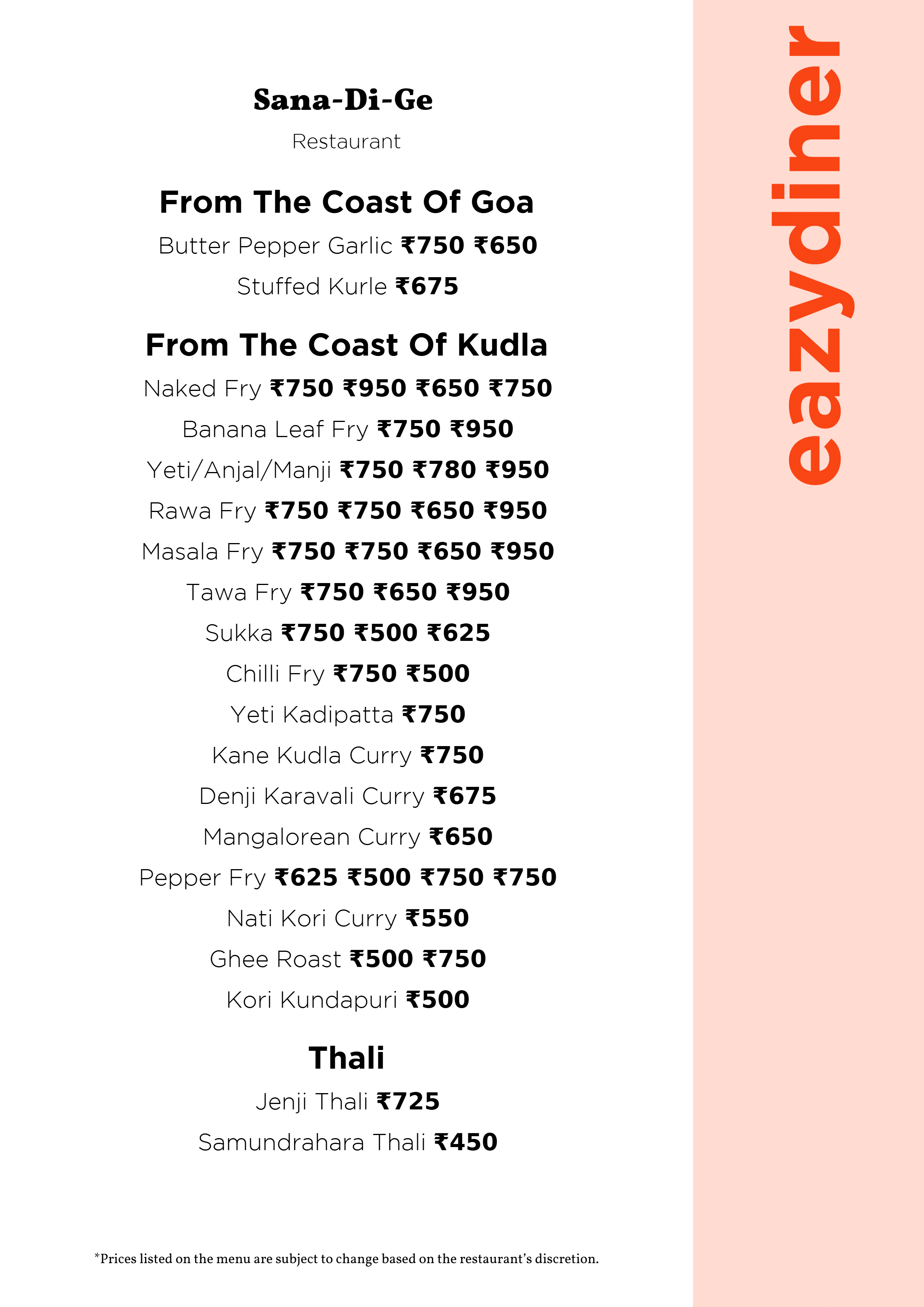 Dining Experience for Two at Sana-Di-Ge, Seshadripuram — Food menu