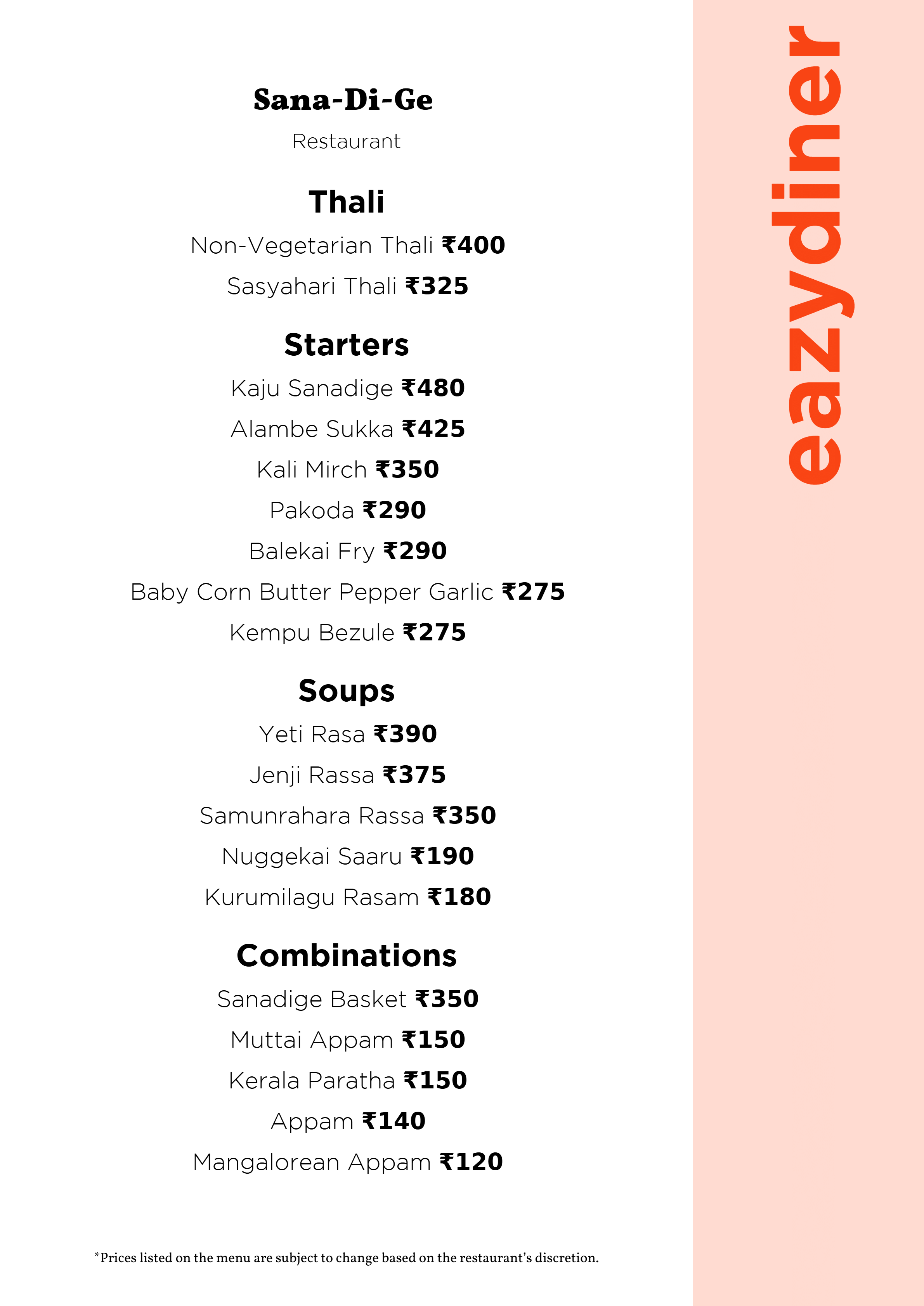 Dining Experience for Two at Sana-Di-Ge, Seshadripuram — Food menu
