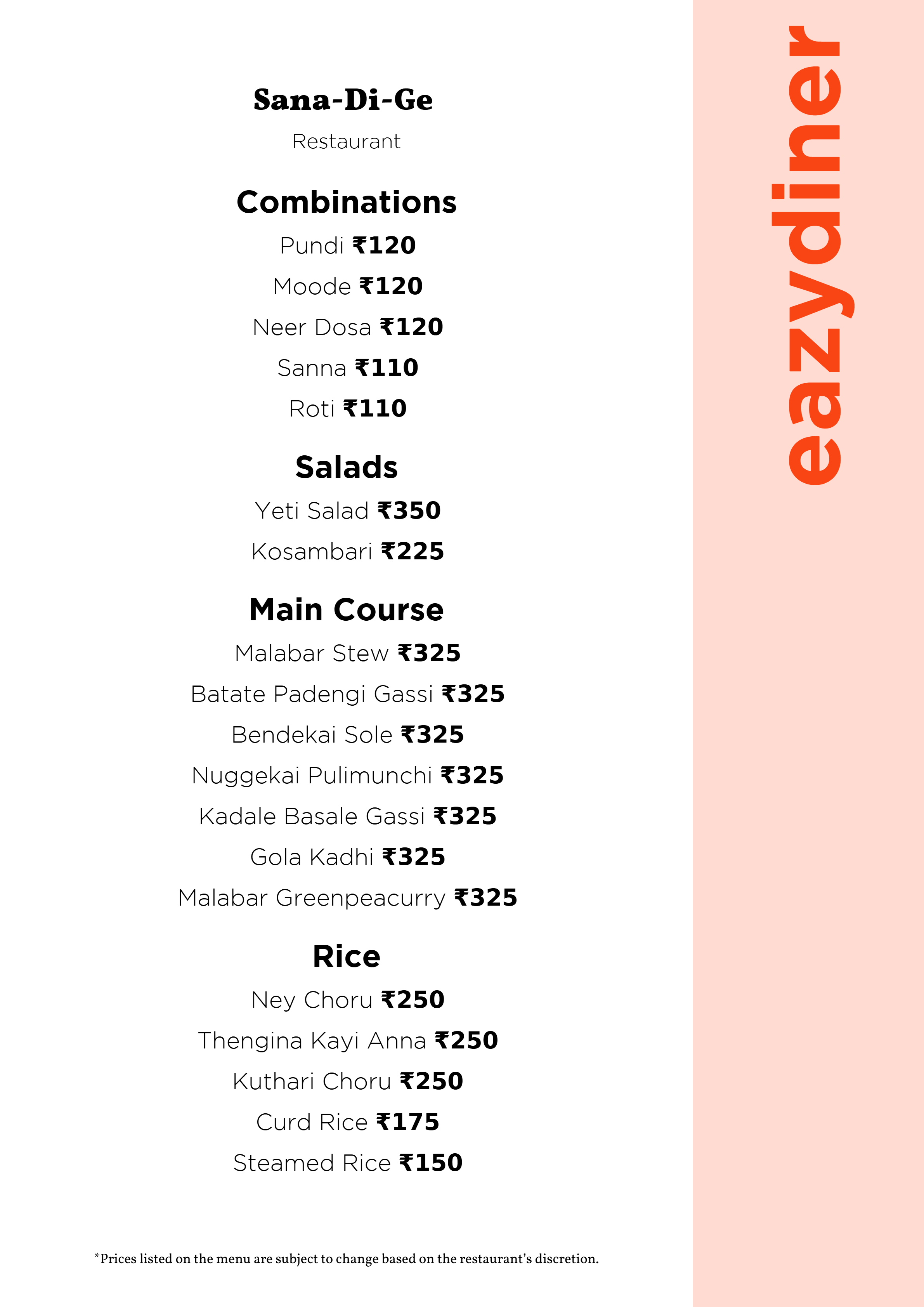 Dining Experience for Two at Sana-Di-Ge, Seshadripuram — Food menu