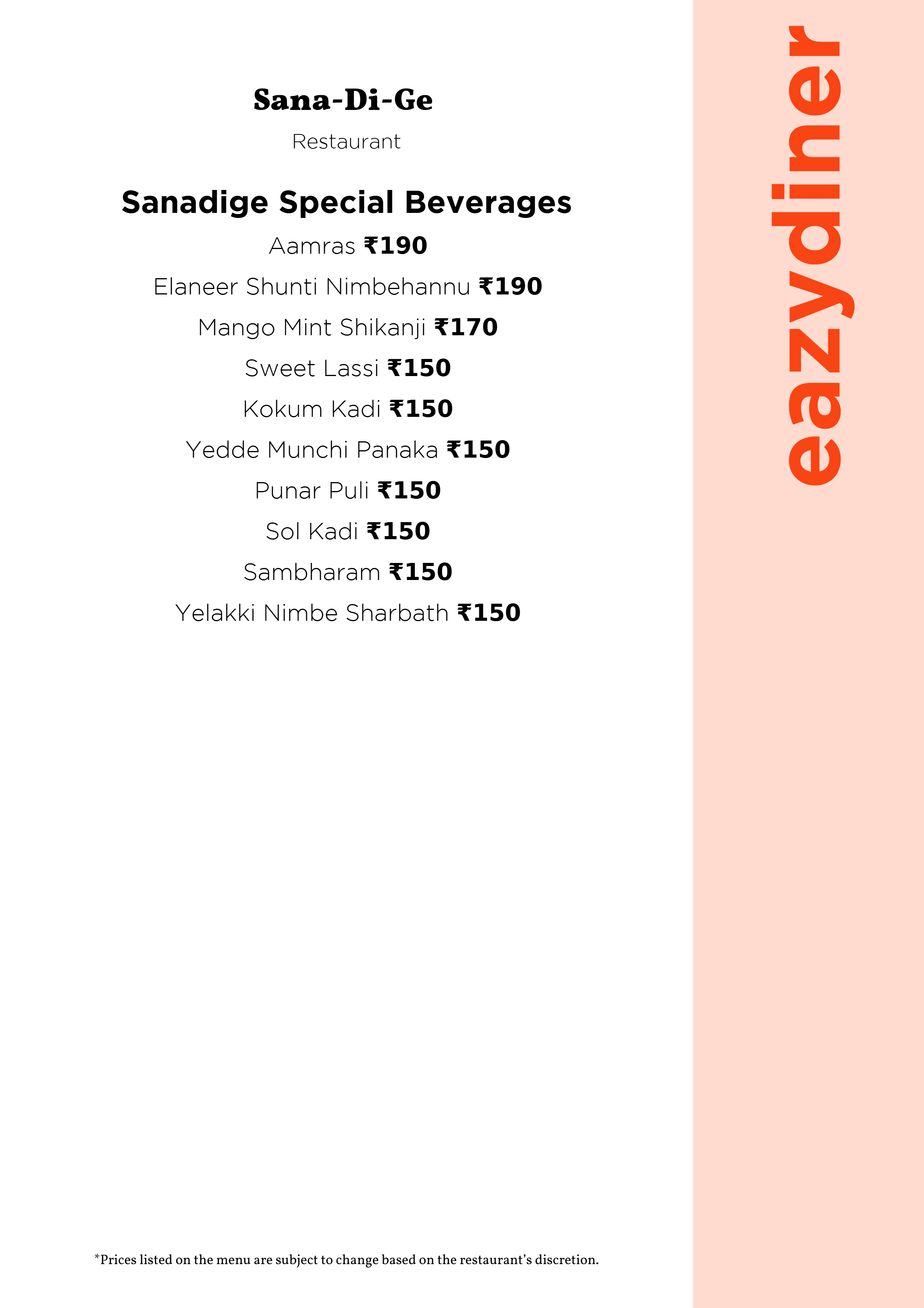 Dining Experience for Two at Sana-Di-Ge, Seshadripuram — Beverages menu