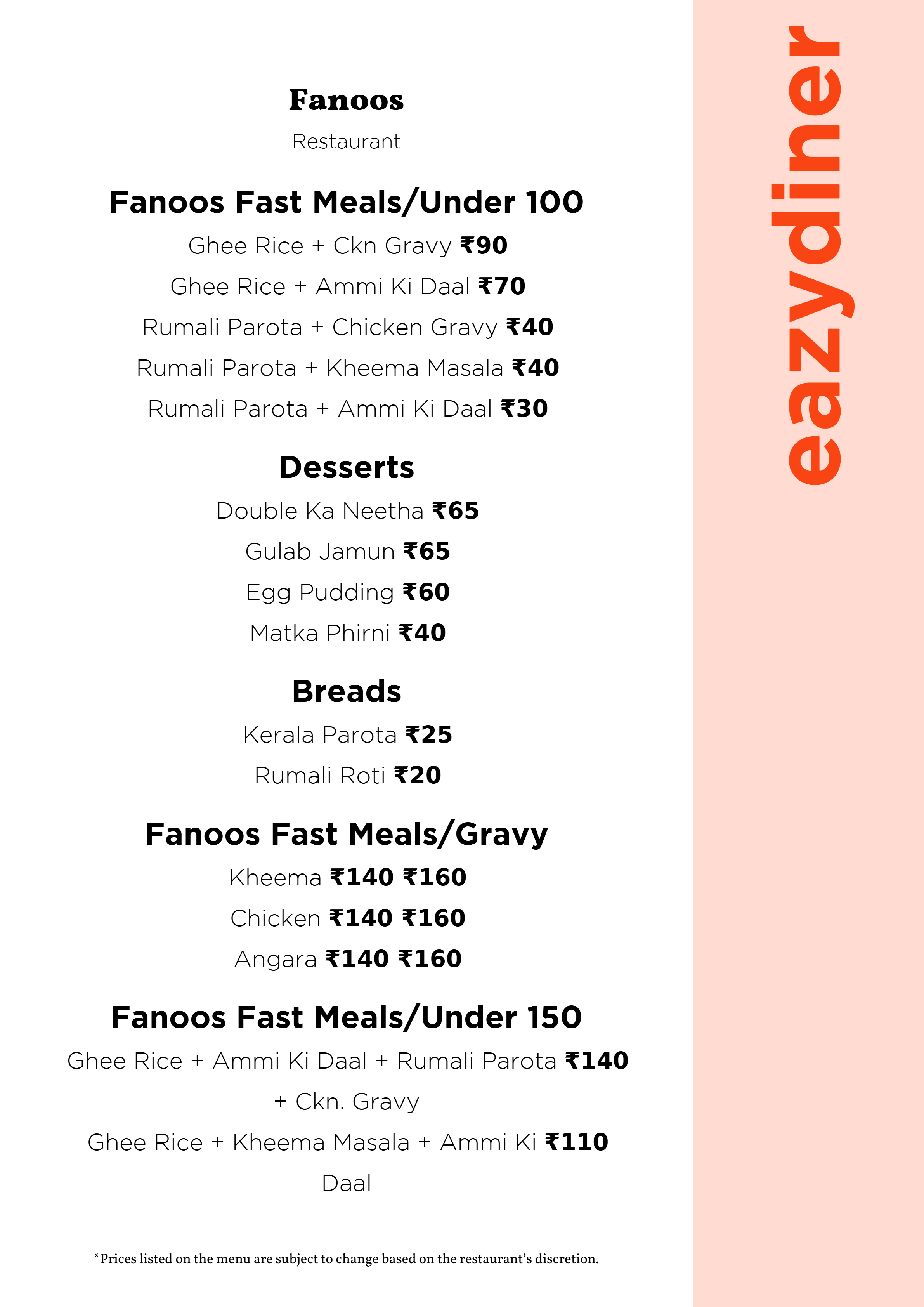 Dining Experience for Two at Fanoos, Central Bengaluru — Food menu