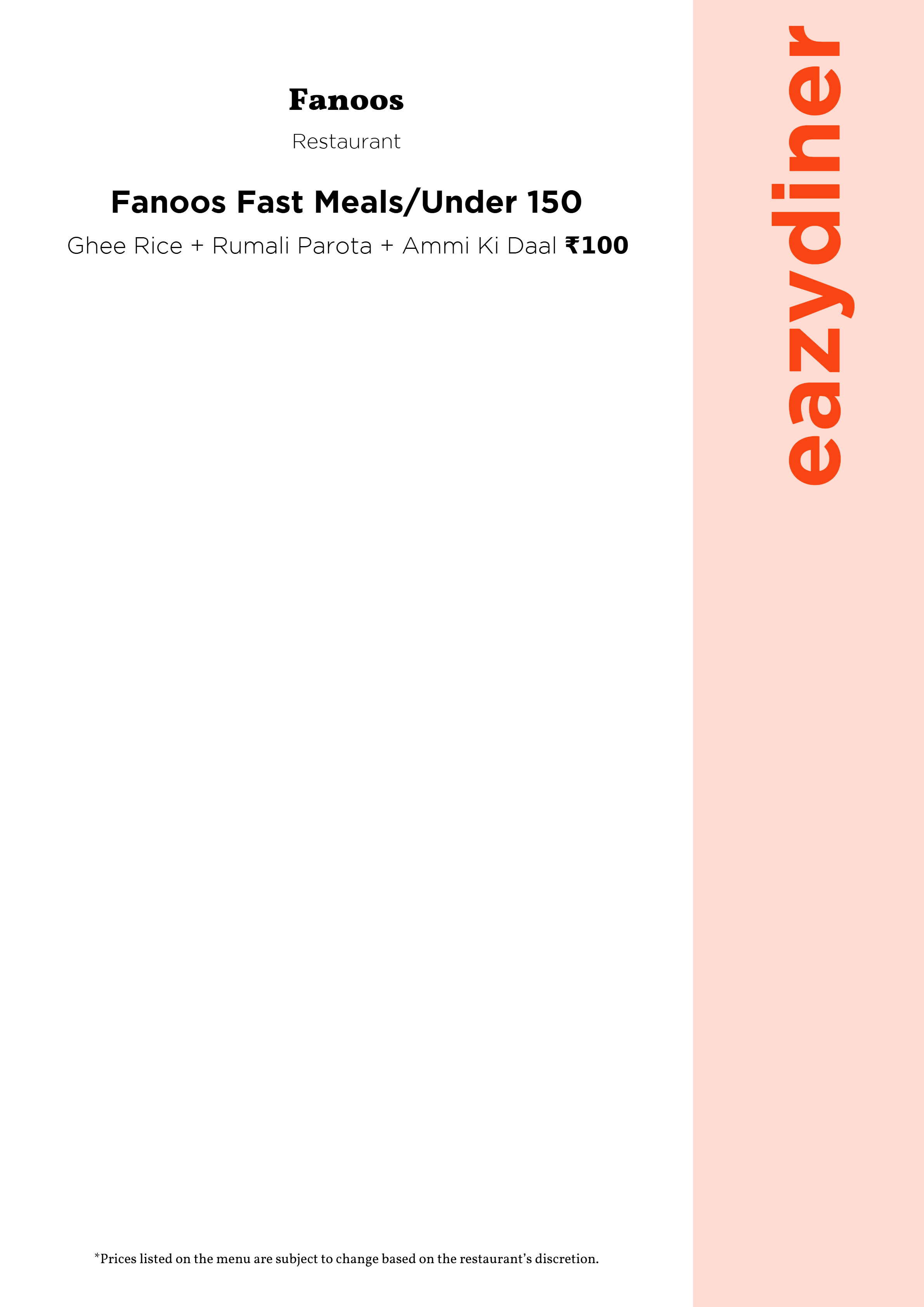 Dining Experience for Two at Fanoos, Central Bengaluru — Food menu