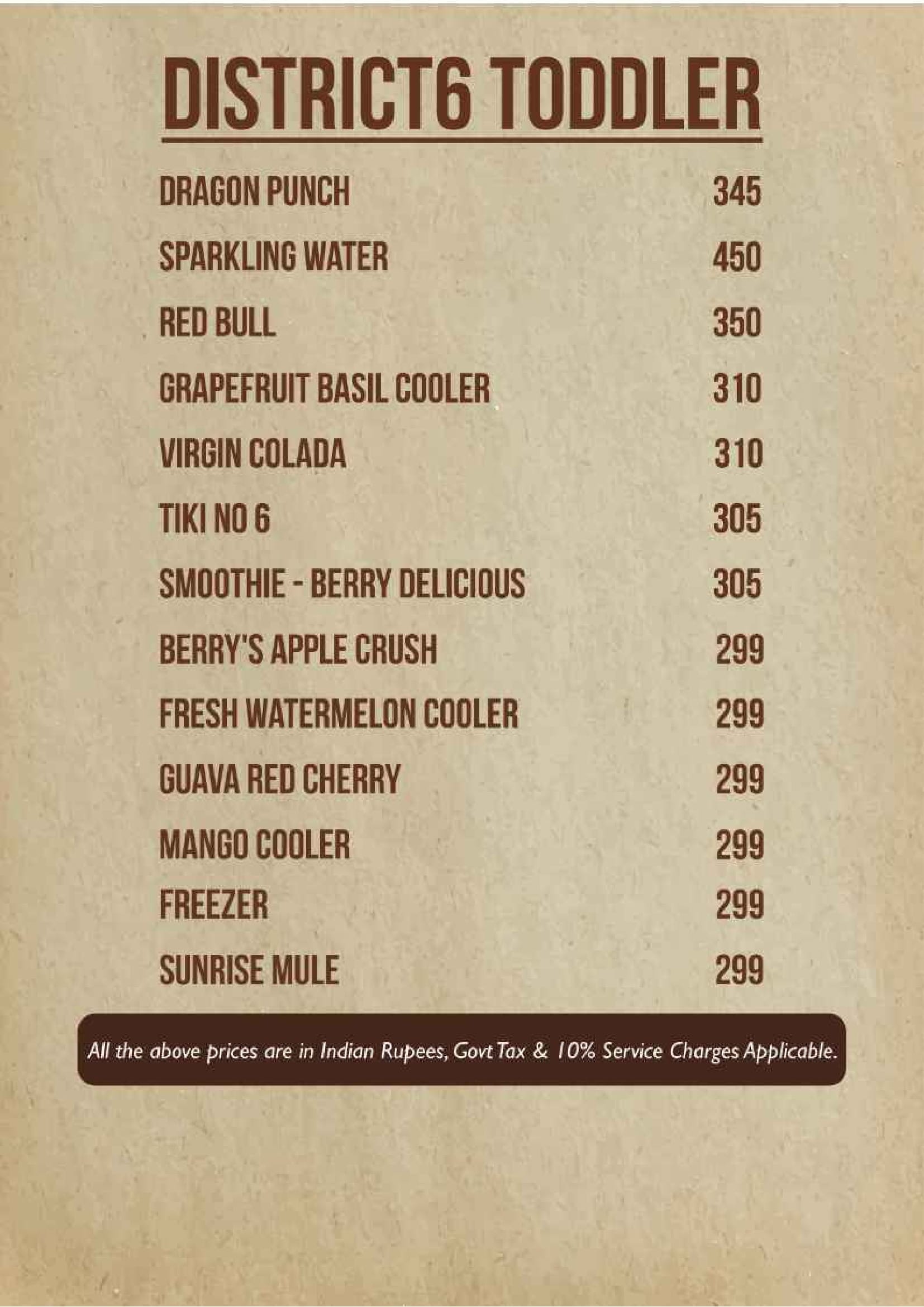 Dining Experience for Two at DISTRICT 6, West Bengaluru — Beverages menu