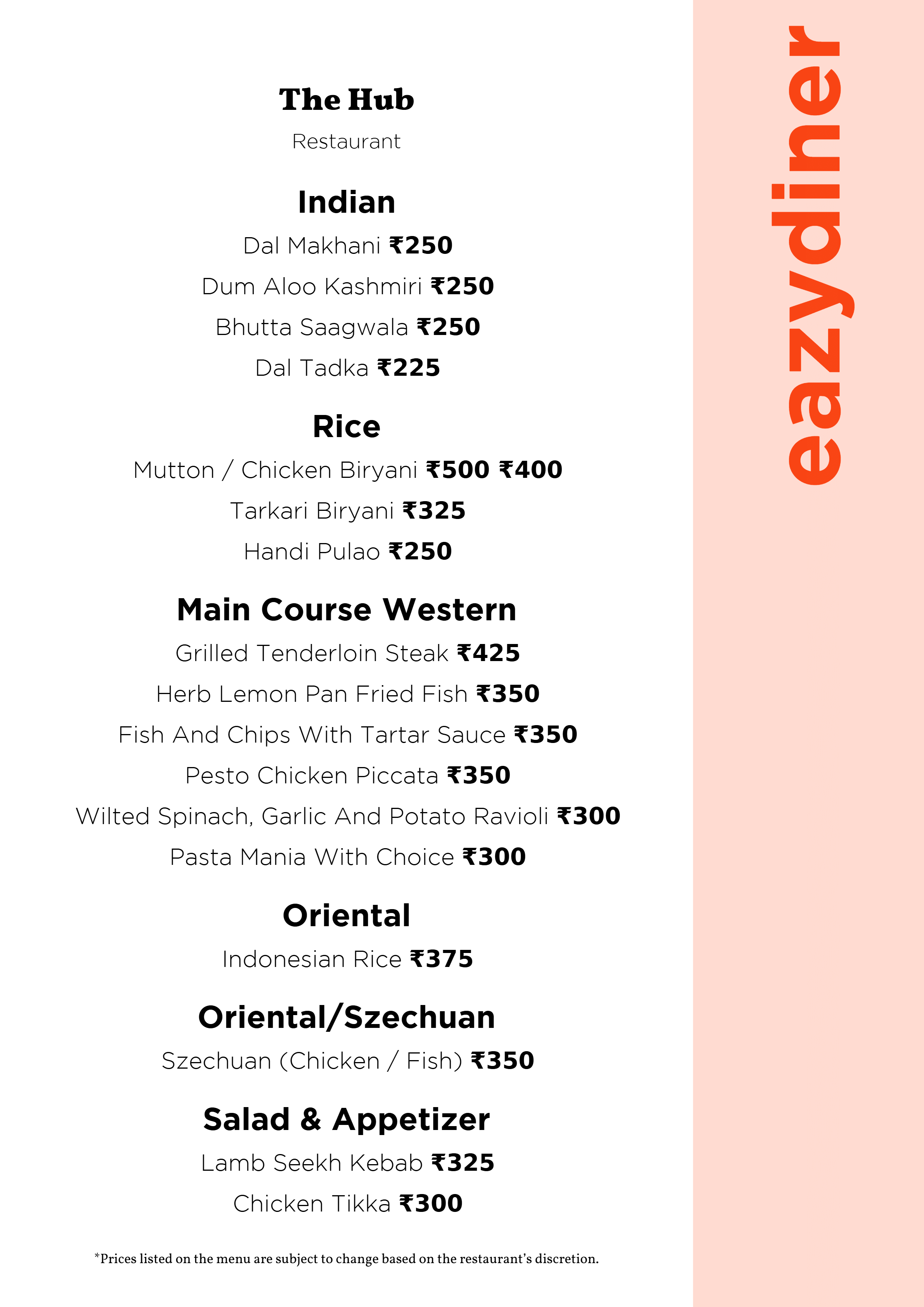 Dining Experience for Two at The Hub, Ramada Encore Bangalore Domlur — Food menu