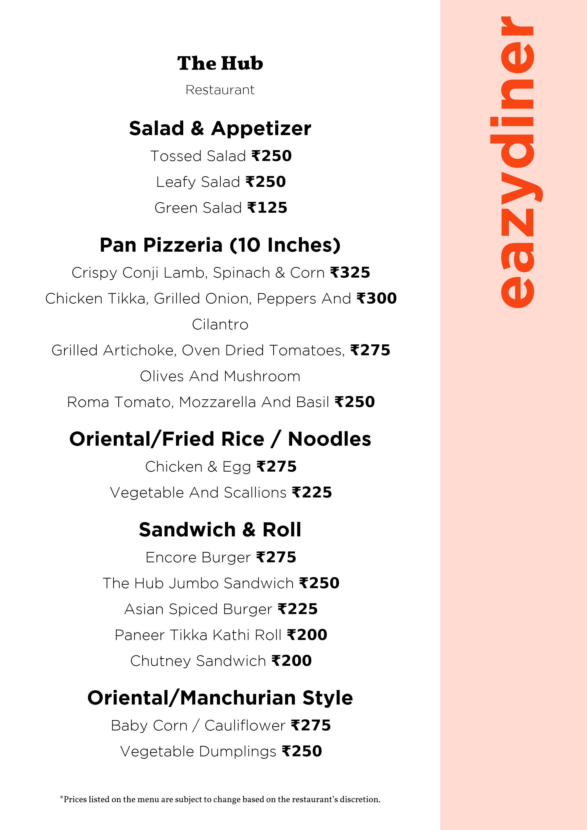 Dining Experience for Two at The Hub, Ramada Encore Bangalore Domlur — Food menu