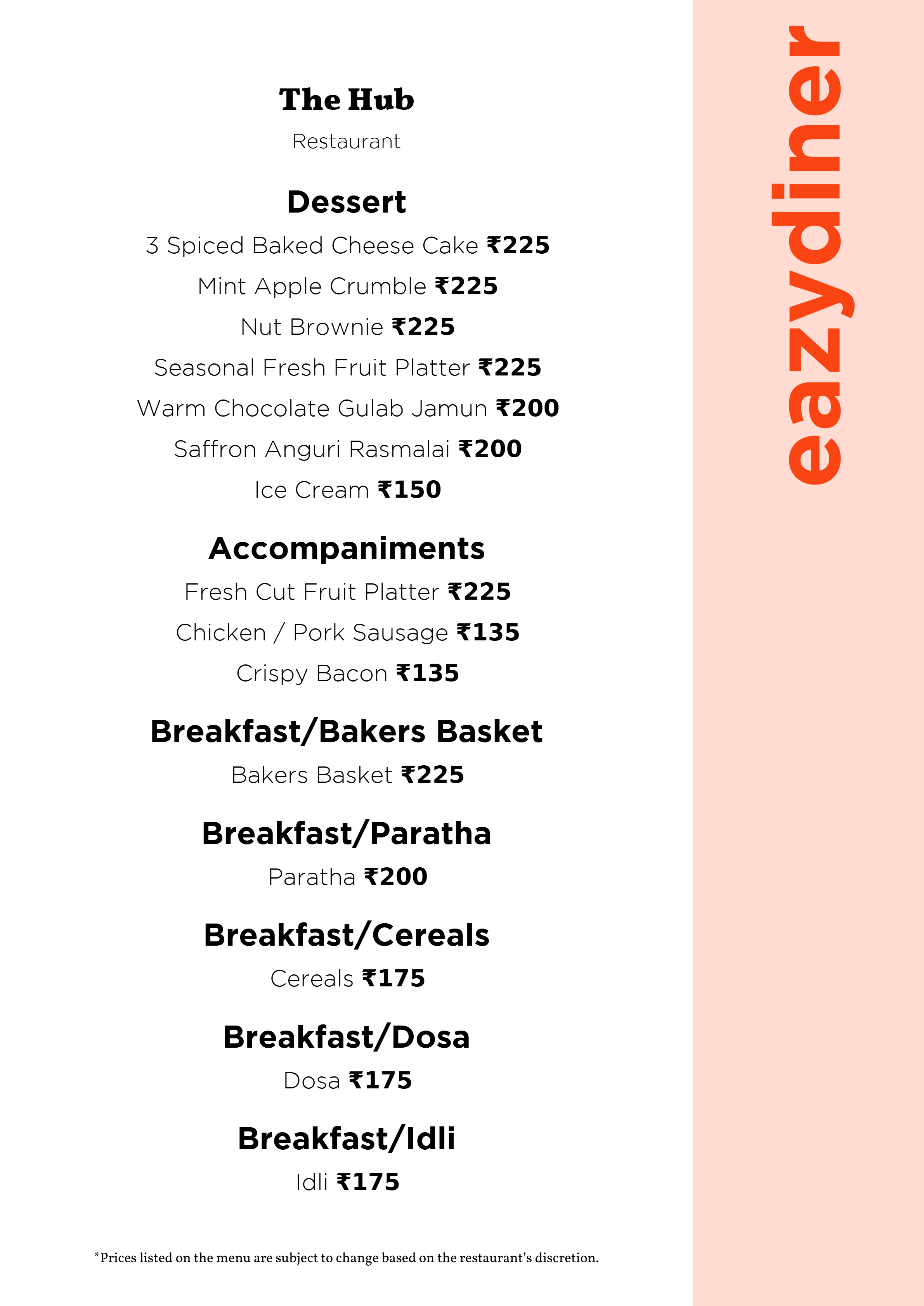 Dining Experience for Two at The Hub, Ramada Encore Bangalore Domlur — Food menu