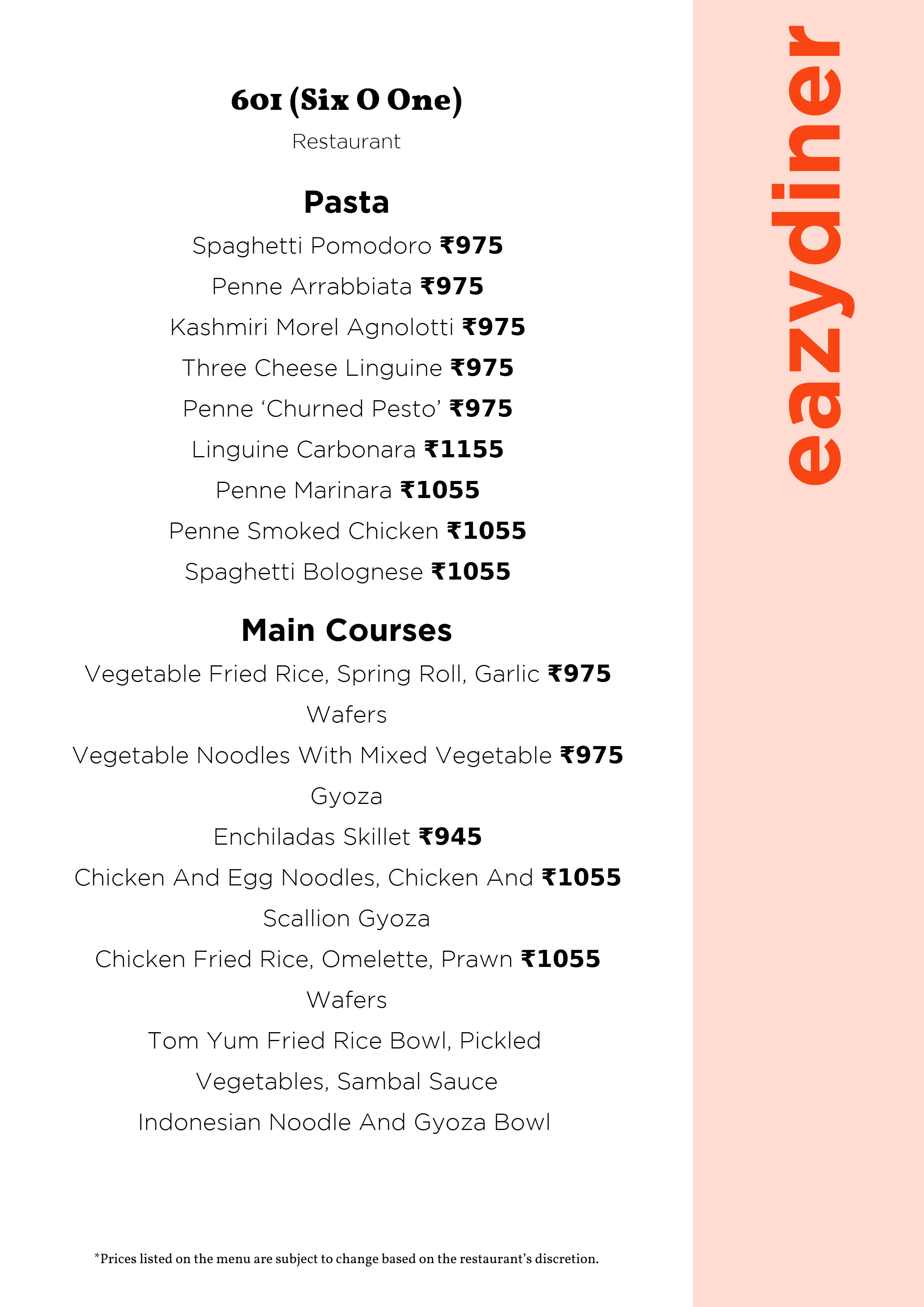 Menu of 601 (Six O One), The Park, Chennai