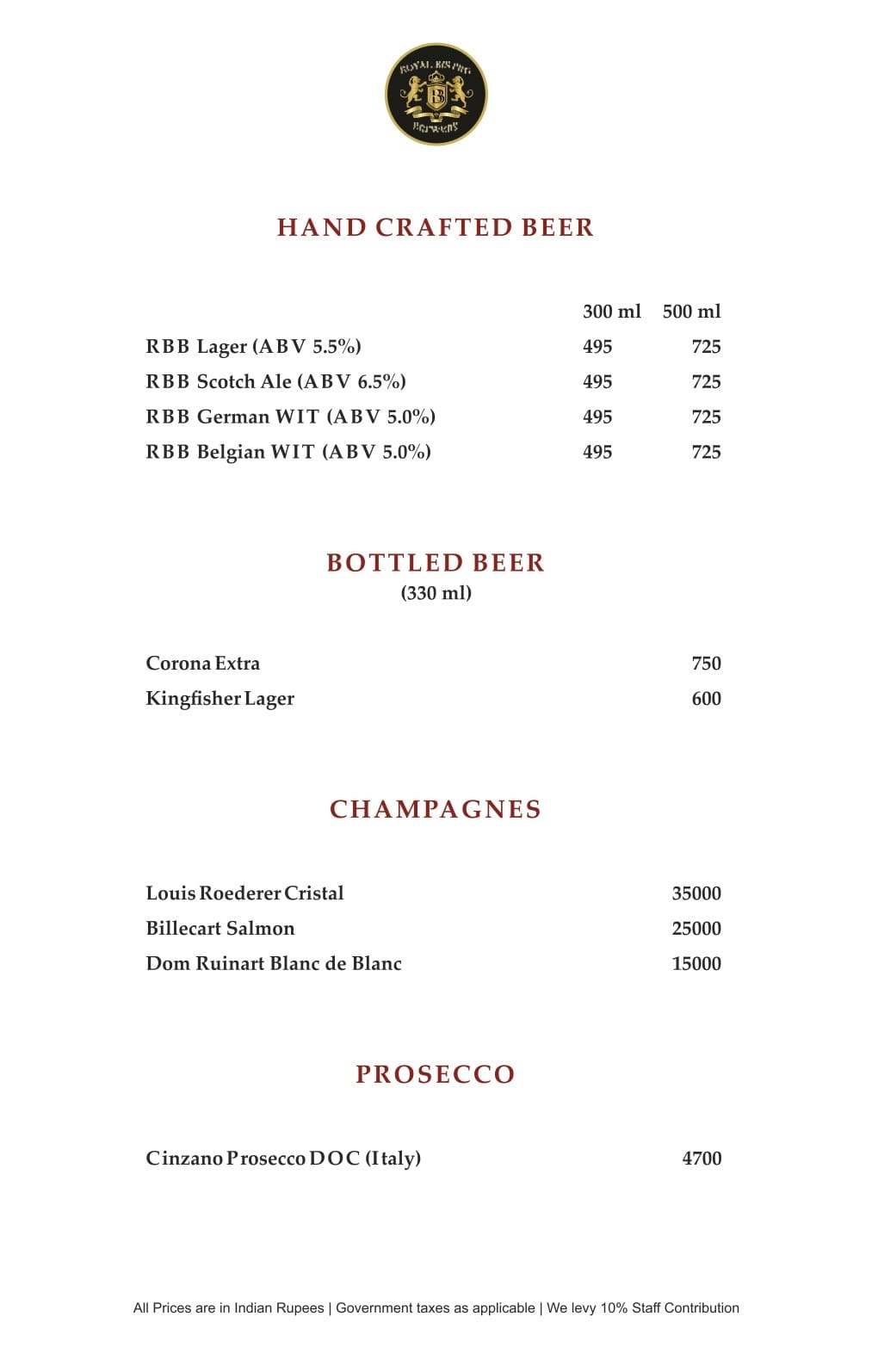 Dining Experience for Two at Royal Bistro Brewery, New Delhi — Beverages menu