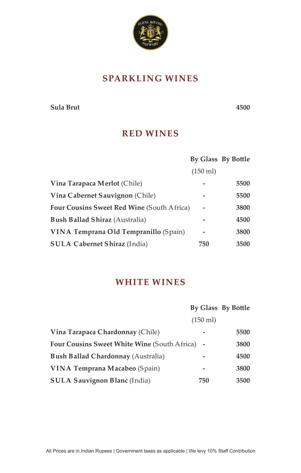 Dining Experience for Two at Royal Bistro Brewery, New Delhi — Beverages menu