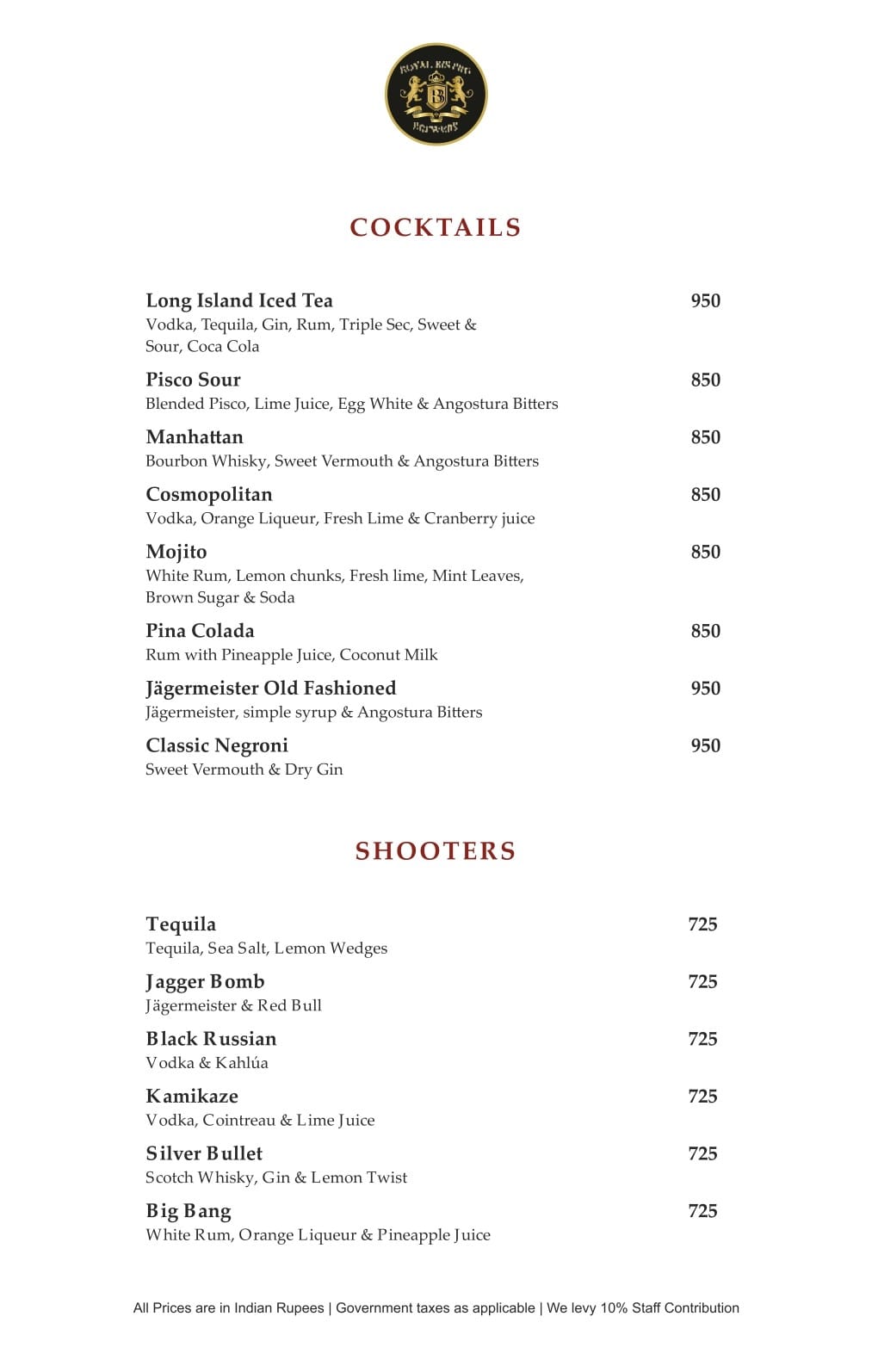 Dining Experience for Two at Royal Bistro Brewery, New Delhi — Beverages menu