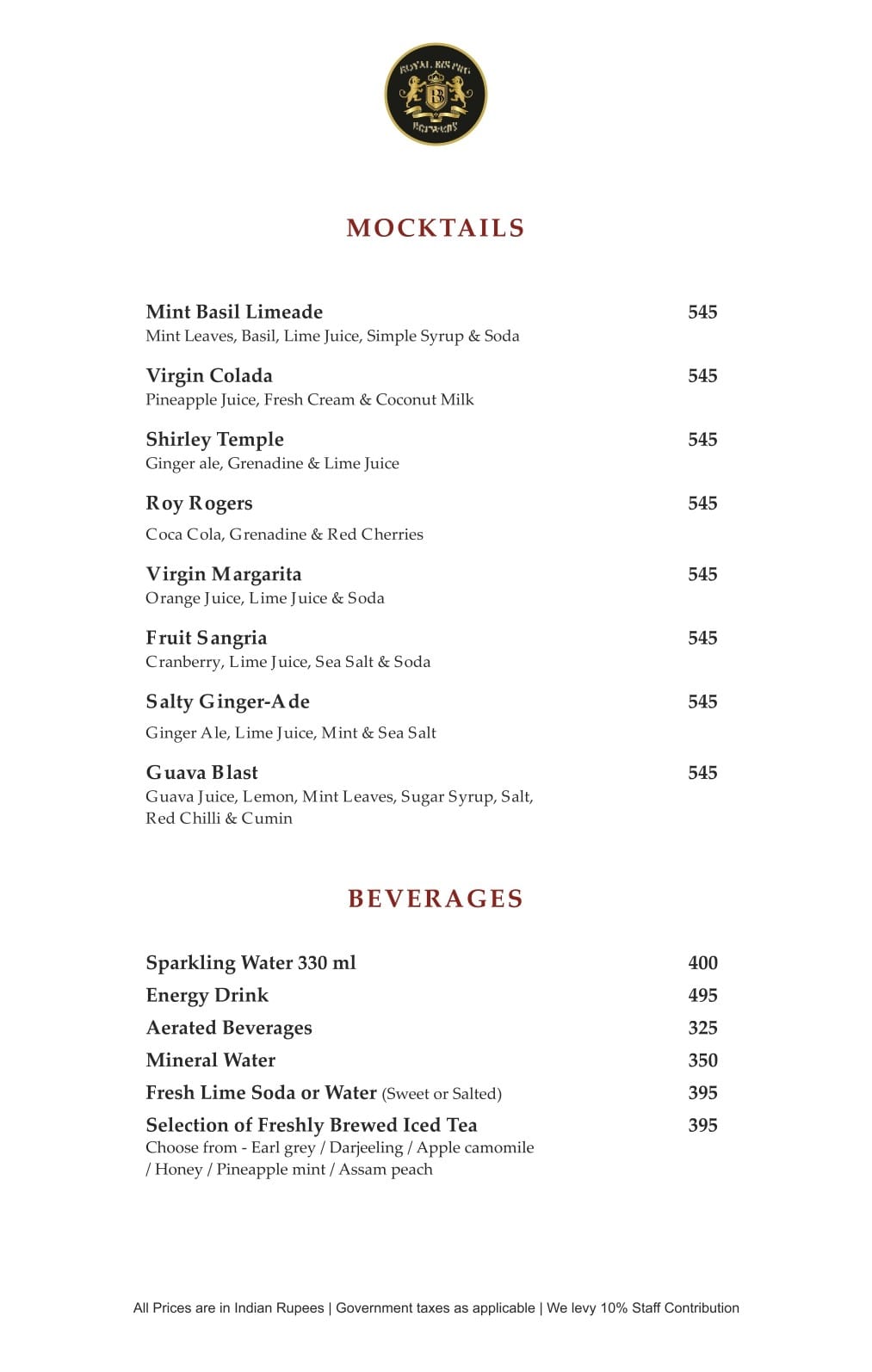 Dining Experience for Two at Royal Bistro Brewery, New Delhi — Beverages menu