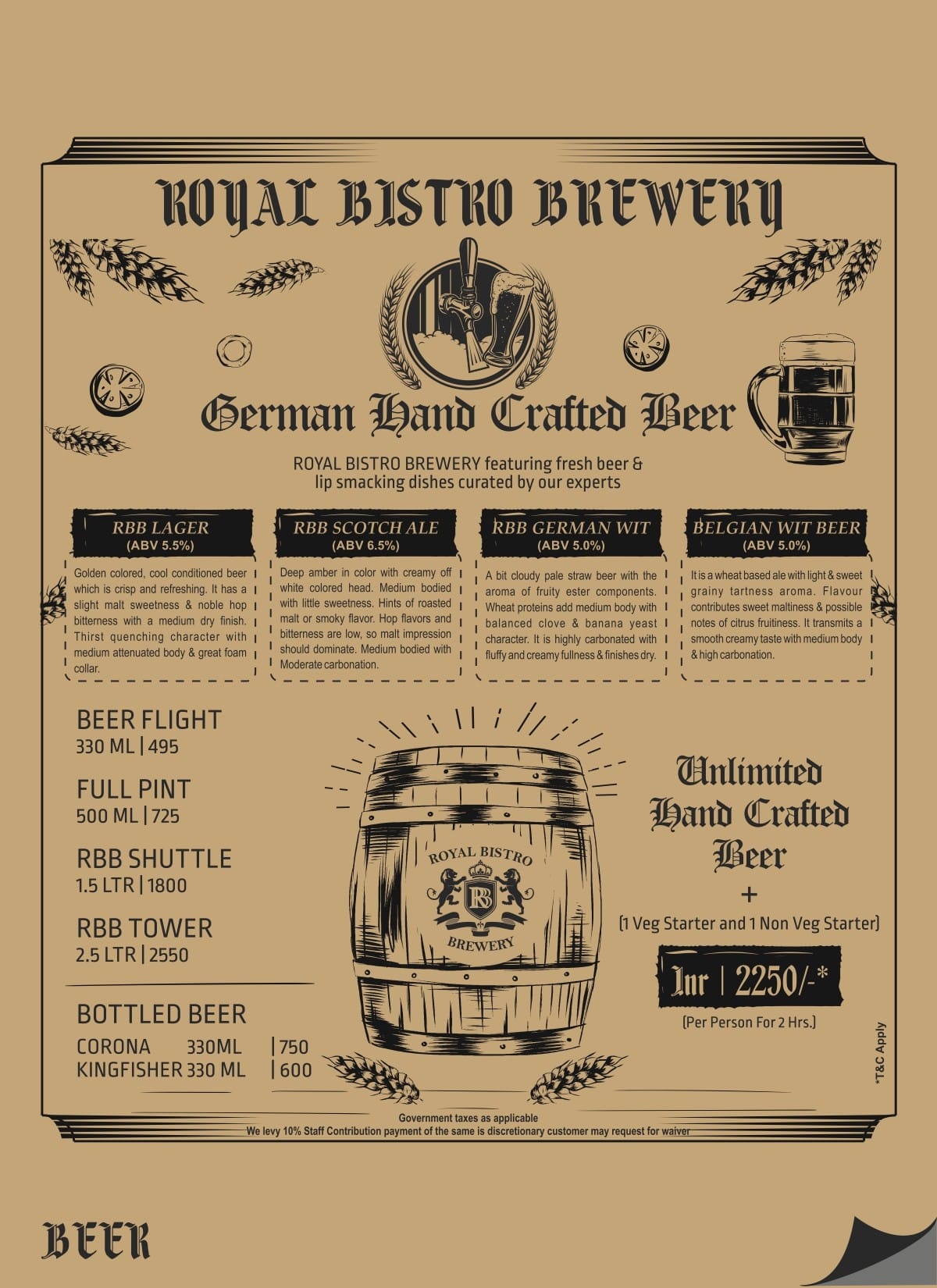 Dining Experience for Two at Royal Bistro Brewery, New Delhi — Beverages menu