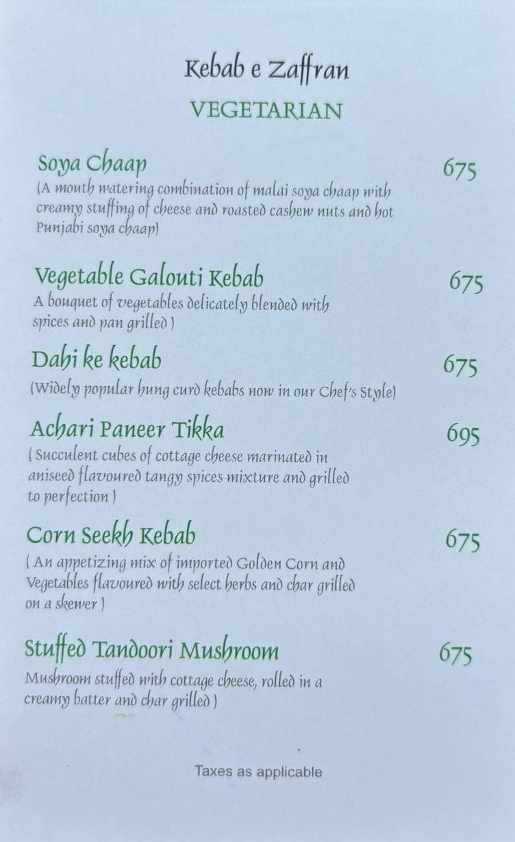 Dining Experience for Two at Zaffran, Central Delhi — Food menu