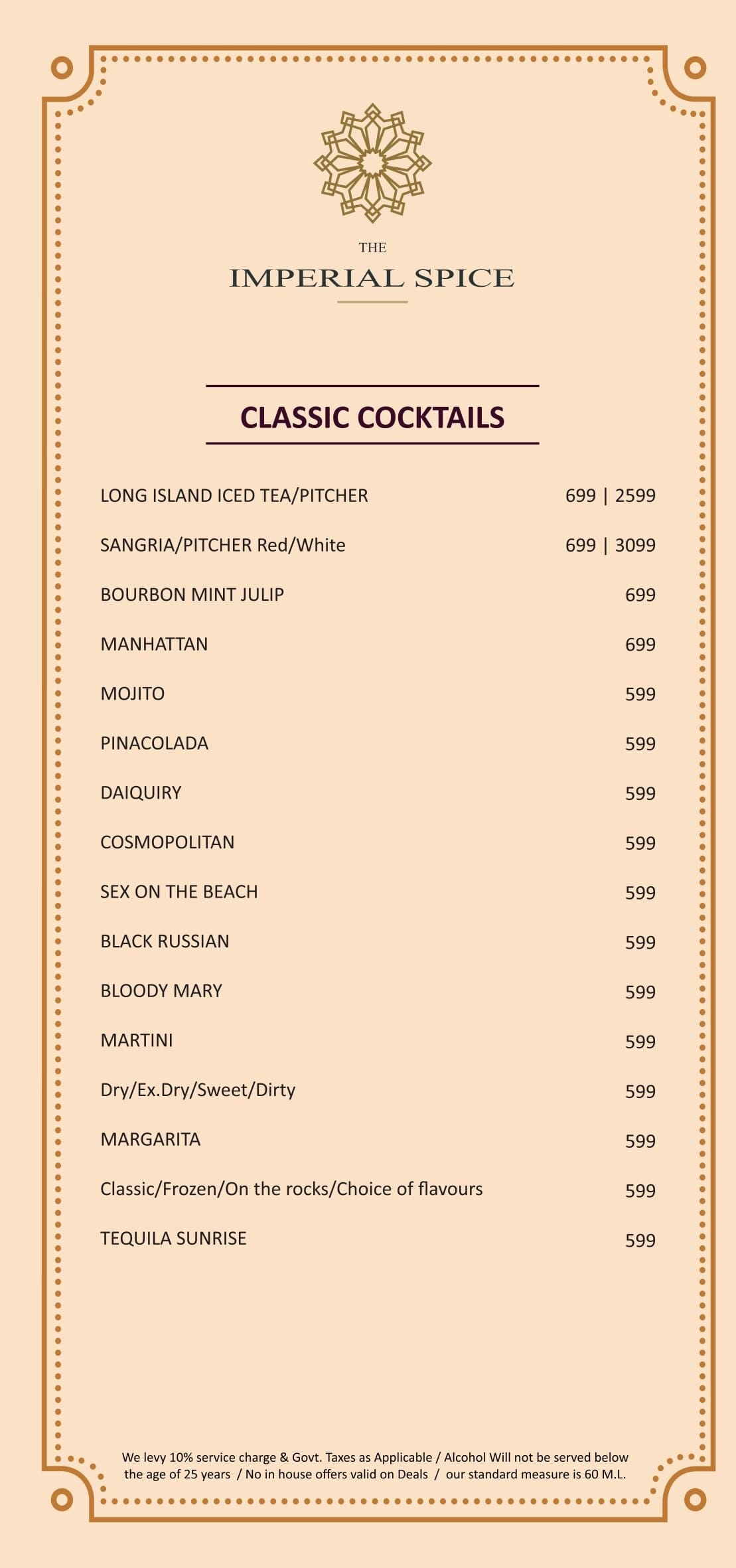 Dining Experience for Two at The Imperial Spice, Central Delhi — Beverages menu