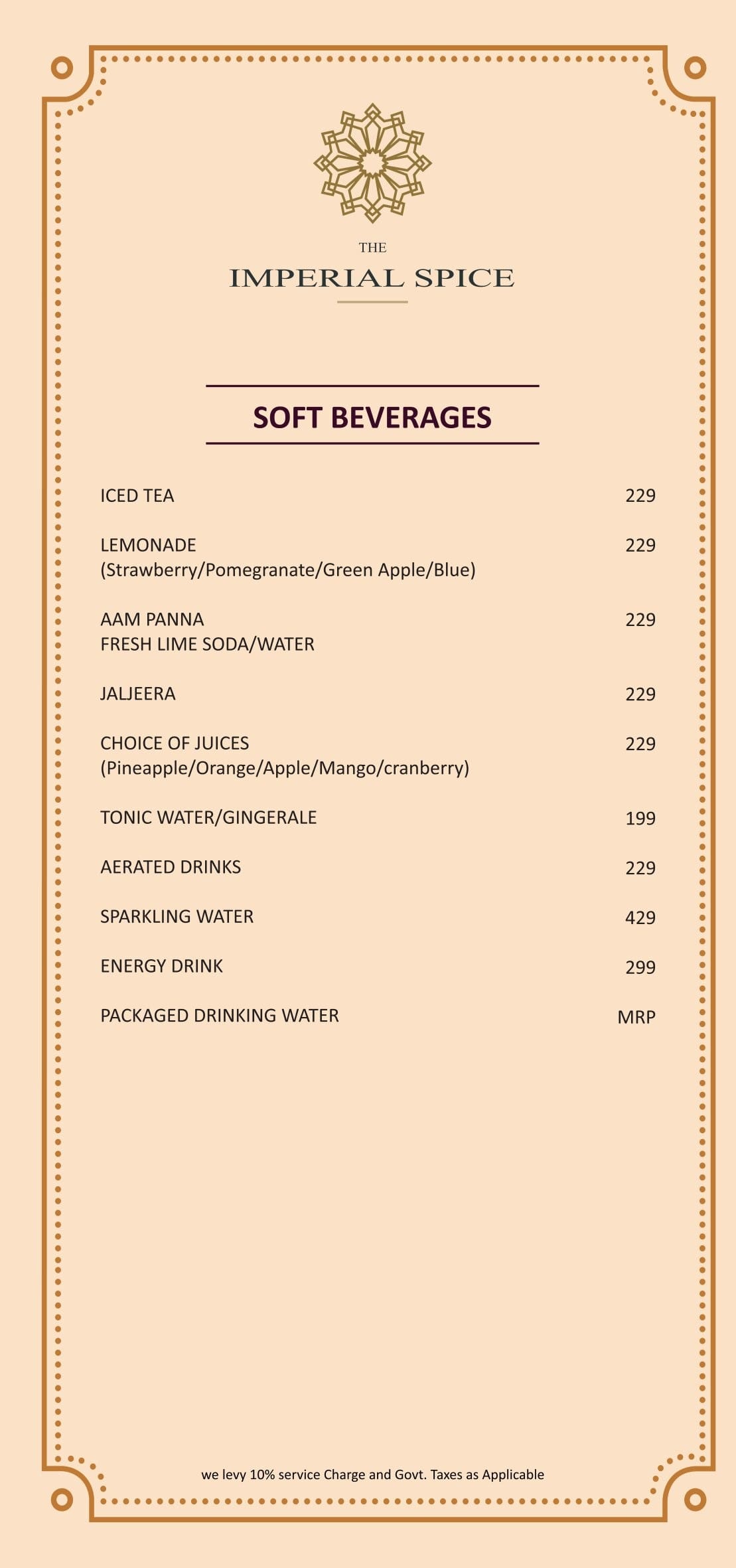 Dining Experience for Two at The Imperial Spice, Central Delhi — Beverages menu