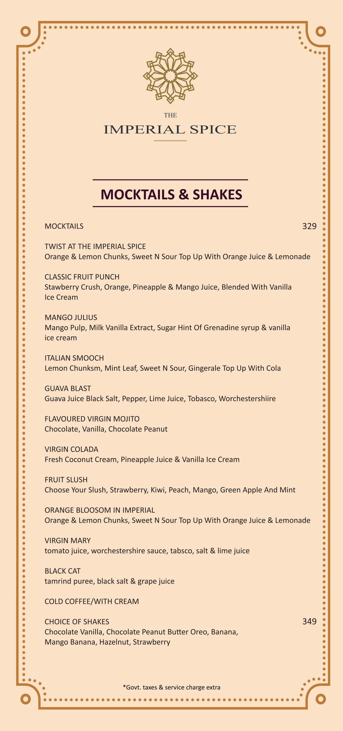 Dining Experience for Two at The Imperial Spice, Central Delhi — Beverages menu