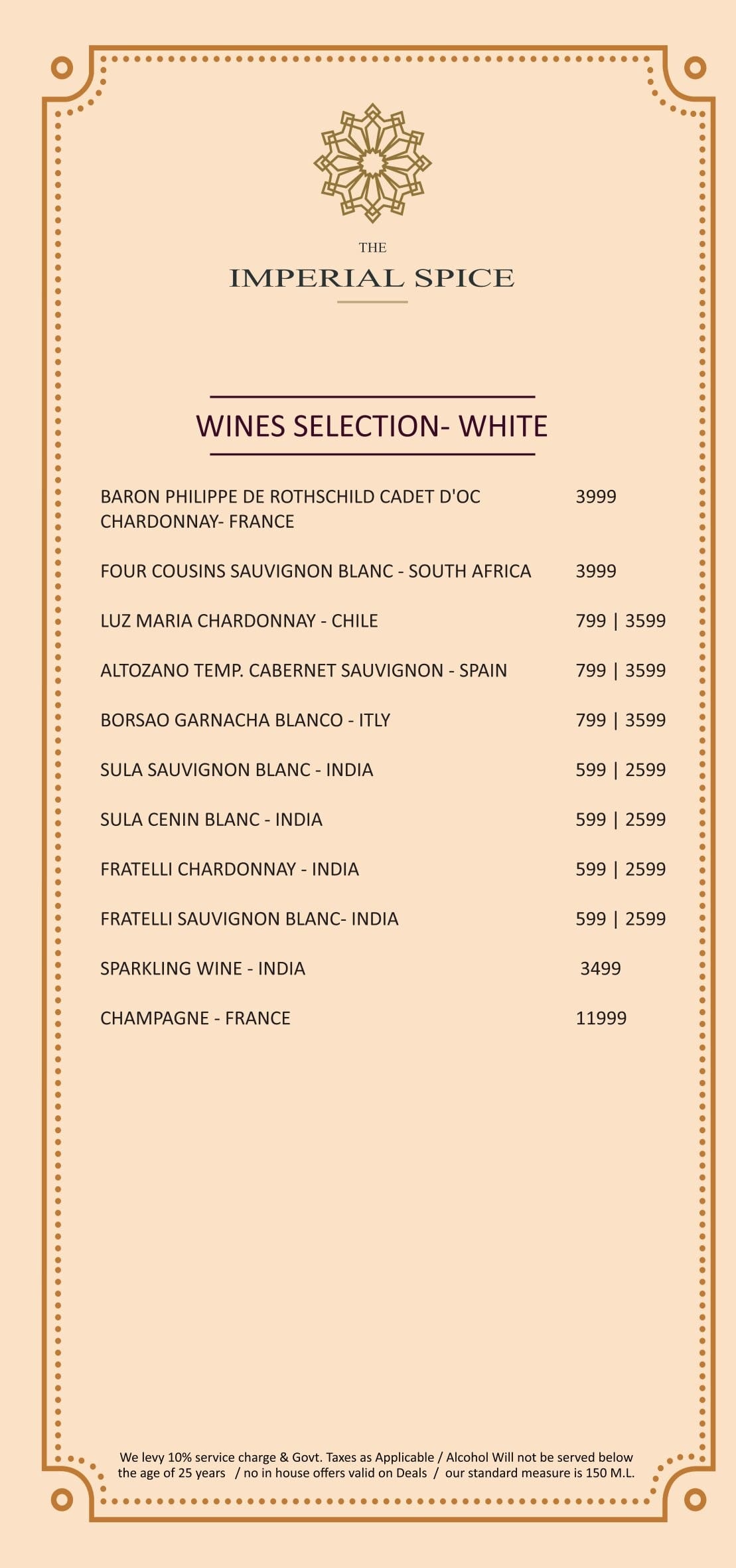 Dining Experience for Two at The Imperial Spice, Central Delhi — Beverages menu