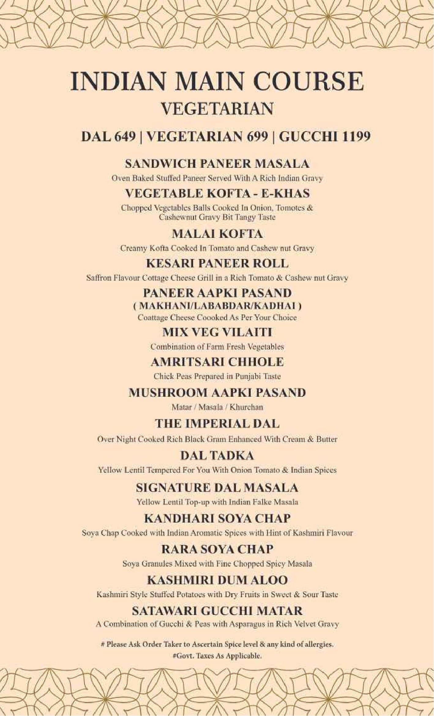 Dining Experience for Two at The Imperial Spice, Central Delhi — Food menu