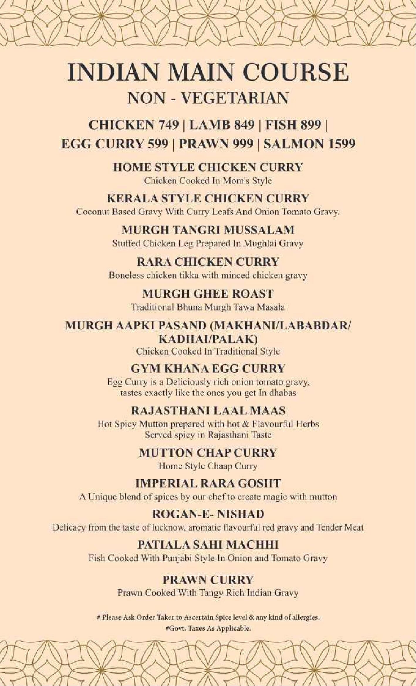 Dining Experience for Two at The Imperial Spice, Central Delhi — Food menu