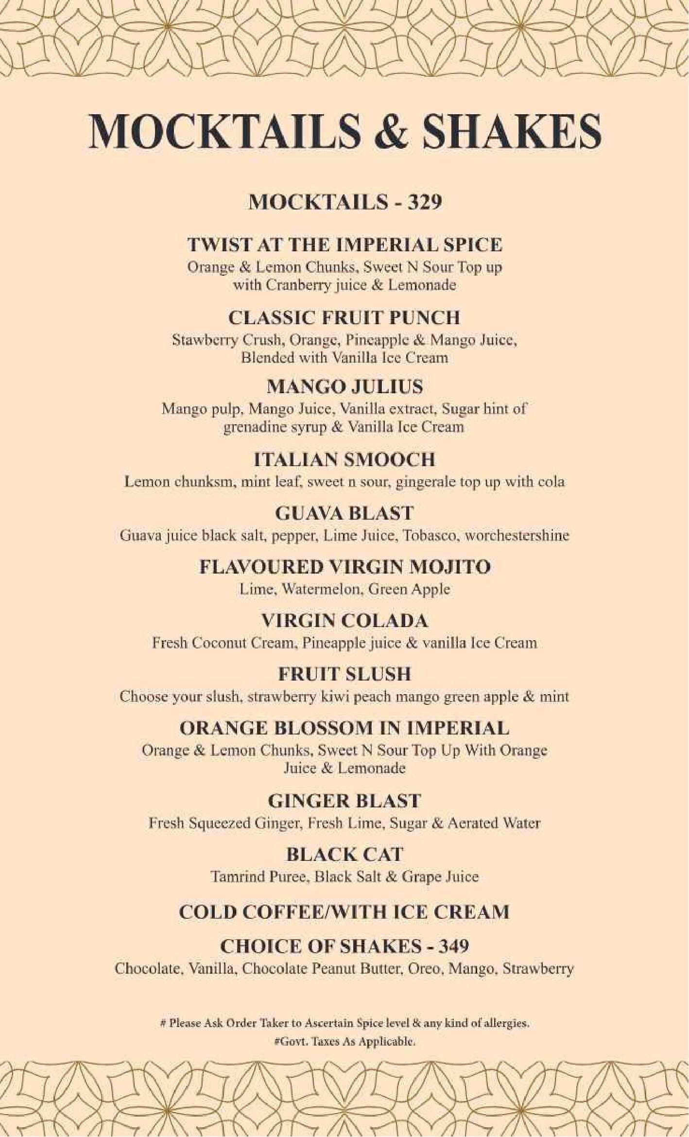Dining Experience for Two at The Imperial Spice, Central Delhi — Food menu