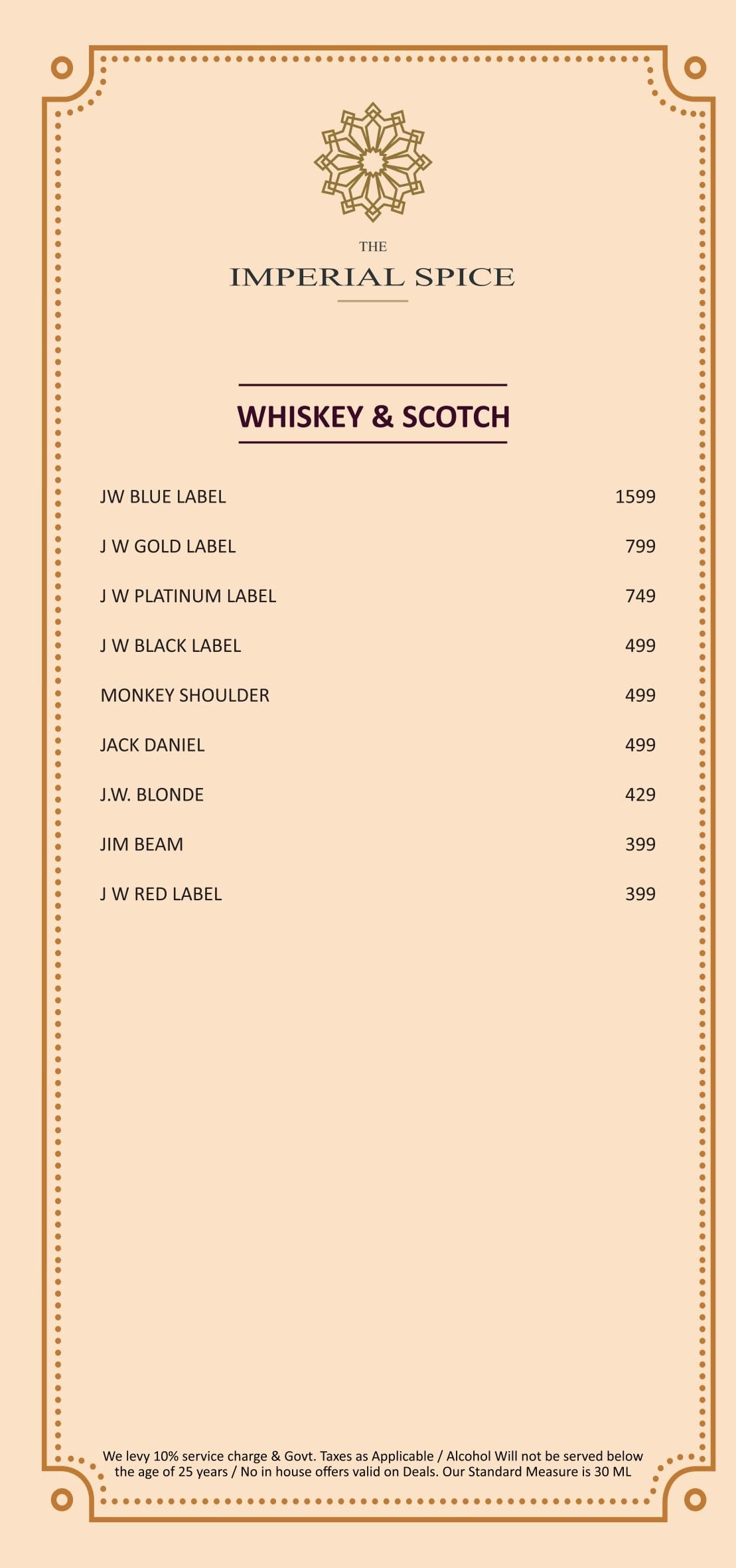 Dining Experience for Two at The Imperial Spice, Central Delhi — Beverages menu
