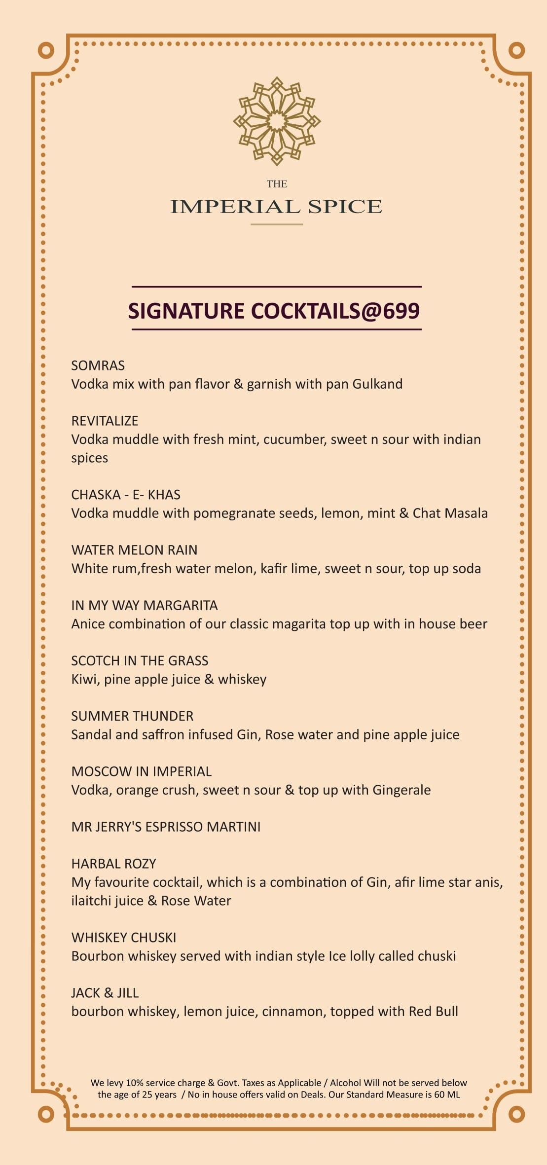 Dining Experience for Two at The Imperial Spice, Central Delhi — Beverages menu