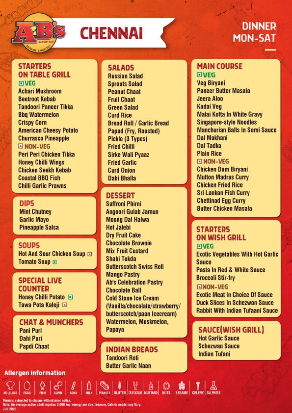 Menu of AB's - Absolute Barbecues, Porur, Chennai