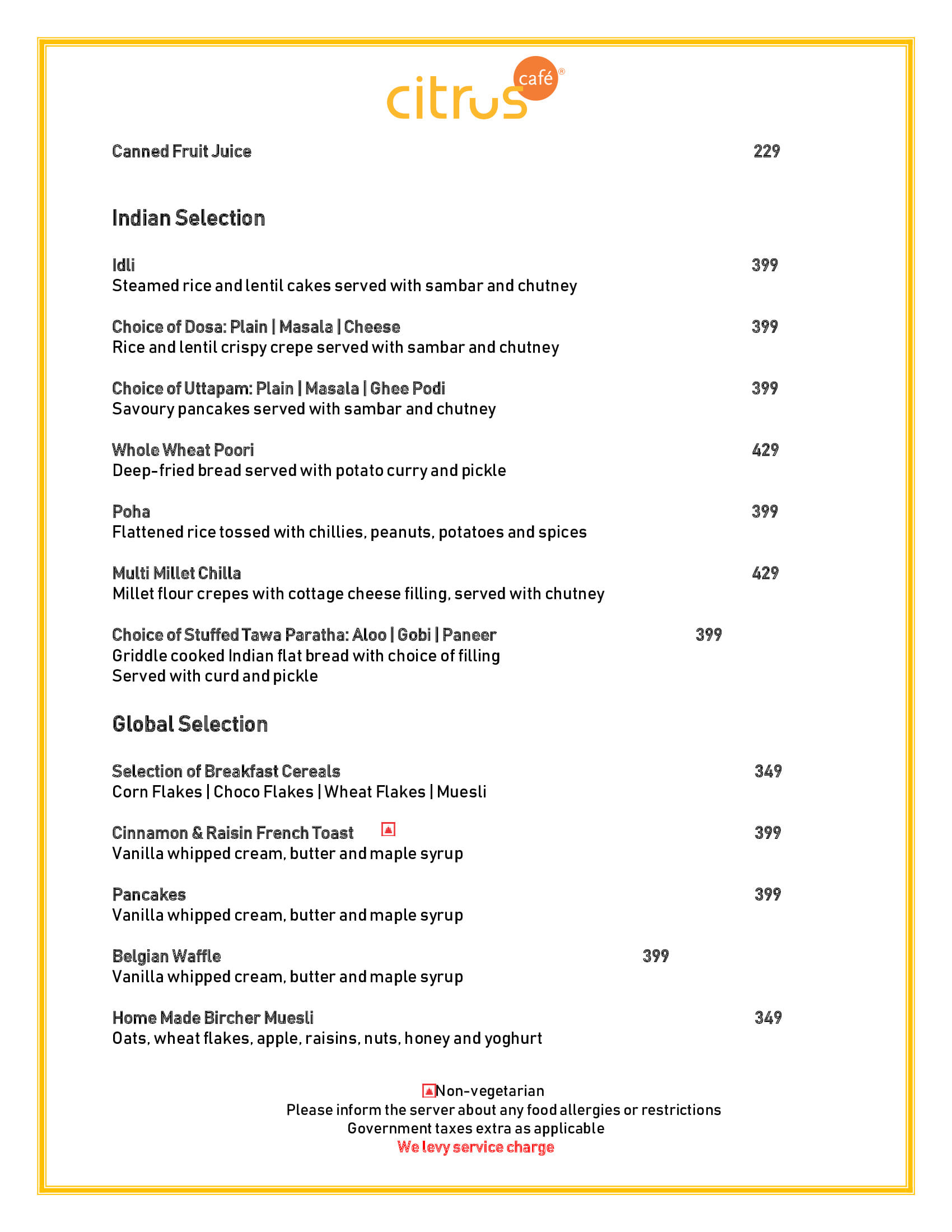 Dining Experience for Two at Citrus Cafe Lemon Tree Premier Mumbai International Airport, Mumbai International Airport — Food menu