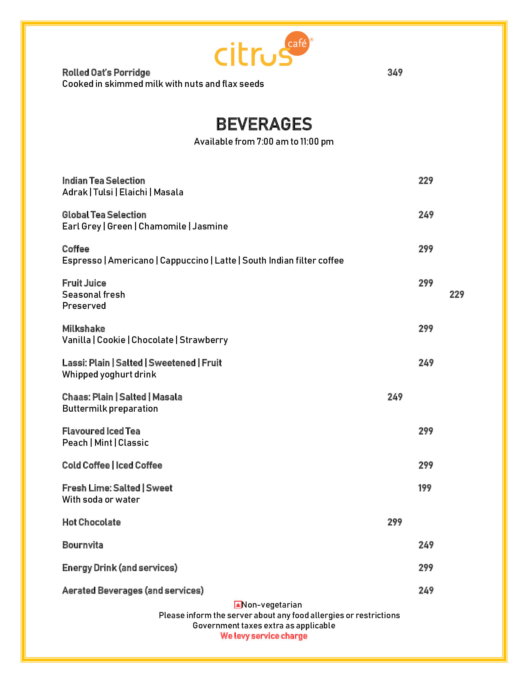 Dining Experience for Two at Citrus Cafe Lemon Tree Premier Mumbai International Airport, Mumbai International Airport — Beverages menu