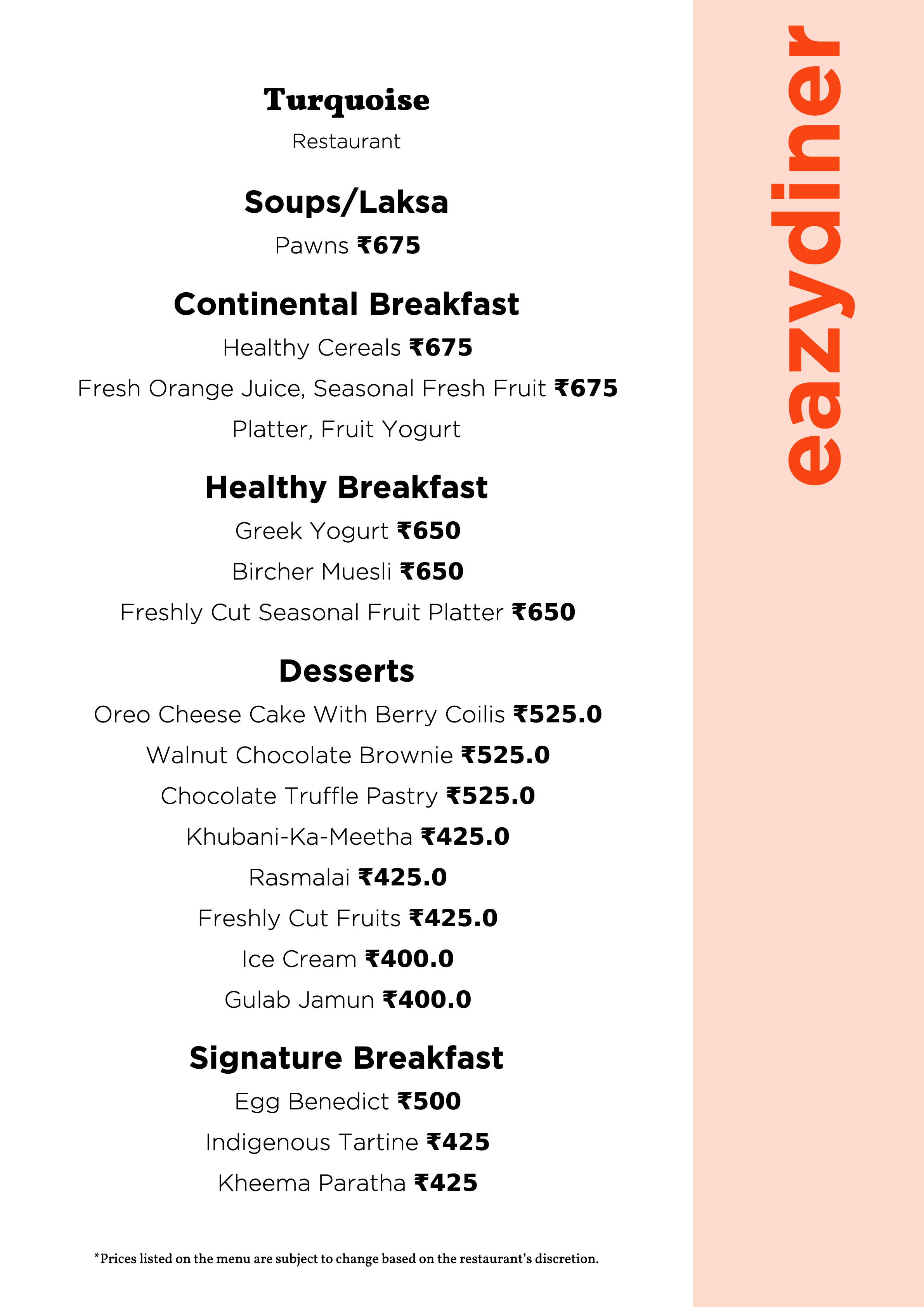 Menu of Turquoise, Le Méridien Hyderabad
