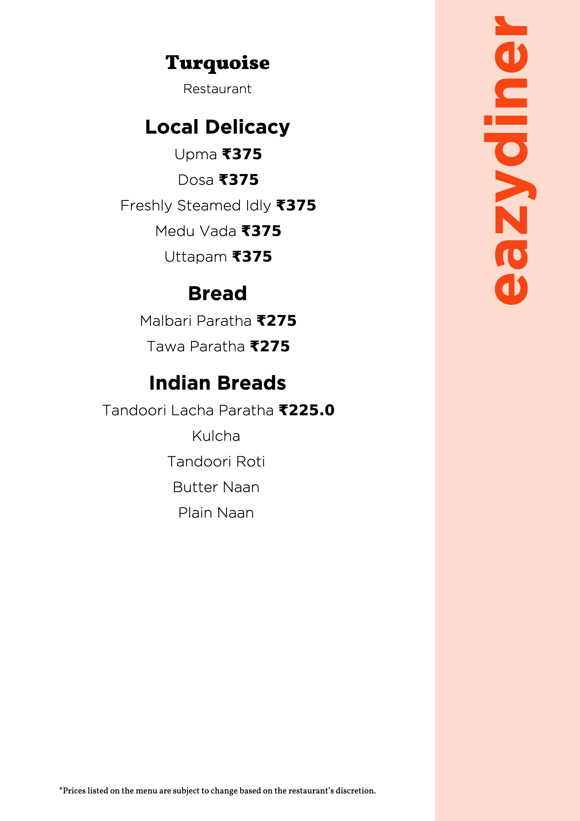 Menu of Turquoise, Le Méridien Hyderabad