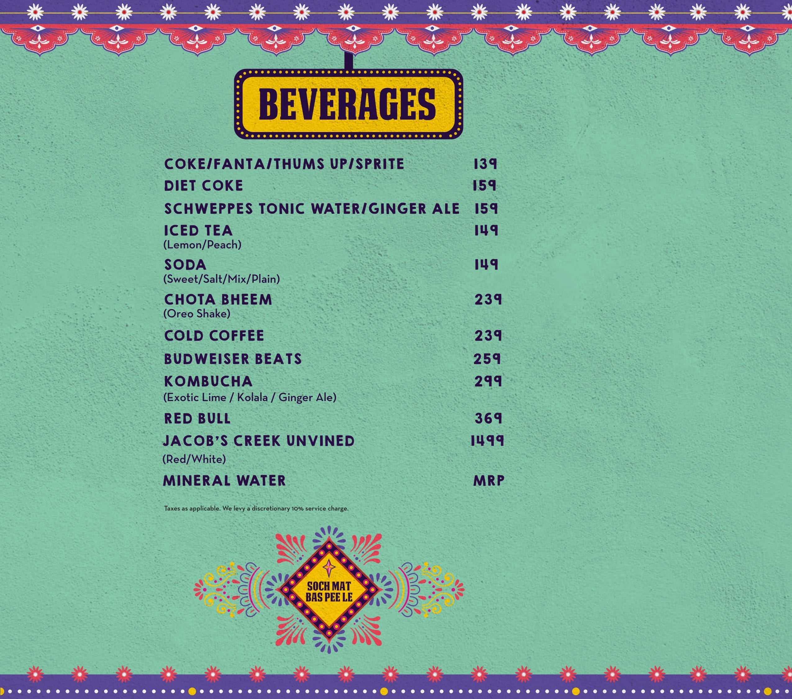 Dining Experience for Two at Dhaba - Estd 1986 Delhi, Central Delhi — Beverages menu