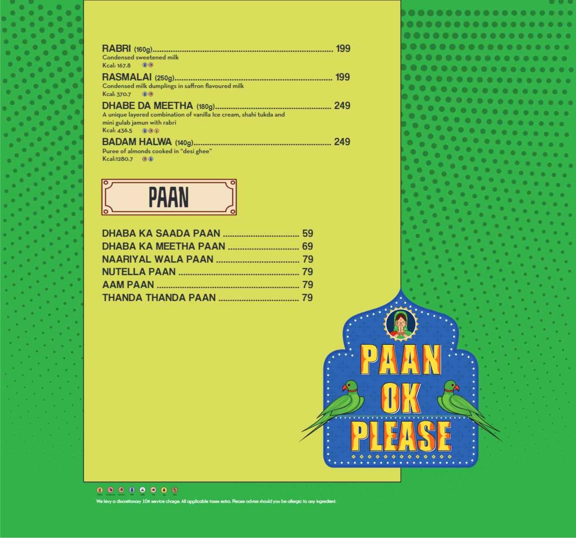 Dining Experience for Two at Dhaba - Estd 1986 Delhi, Central Delhi — Food menu