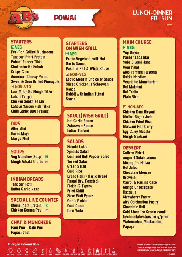 Dining Experience for Two at AB's - Absolute Barbecues, Central Mumbai — Food menu