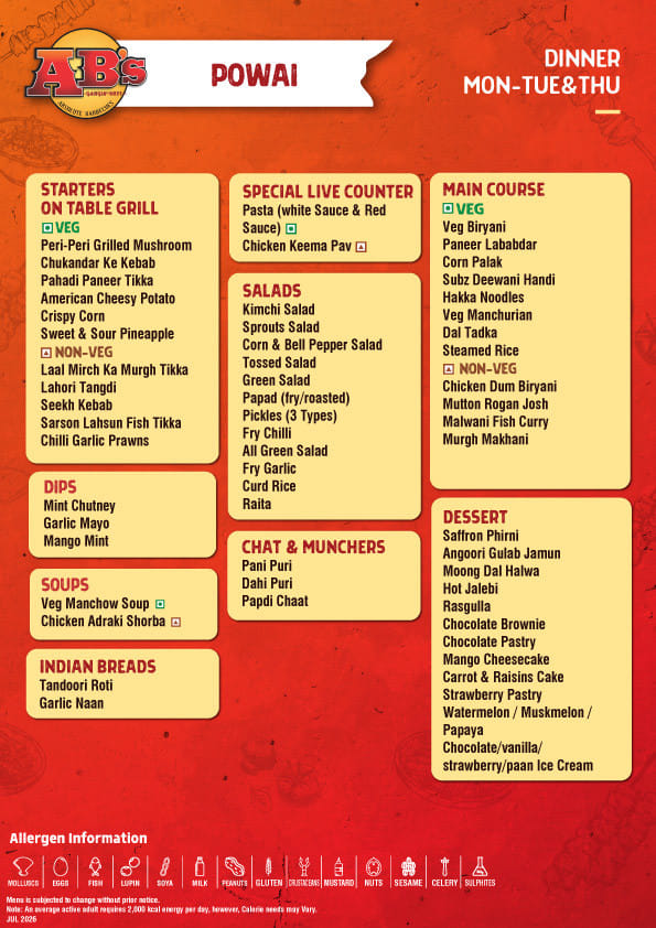 Dining Experience for Two at AB's - Absolute Barbecues, Central Mumbai — Food menu