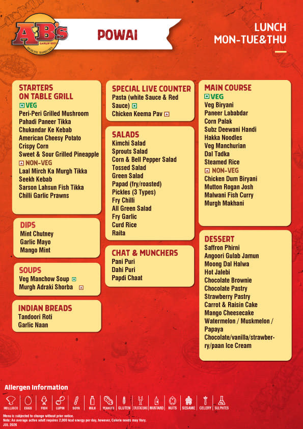 Dining Experience for Two at AB's - Absolute Barbecues, Central Mumbai — Food menu