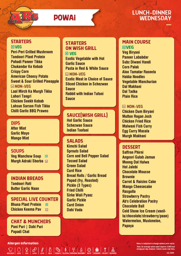 Dining Experience for Two at AB's - Absolute Barbecues, Central Mumbai — Food menu