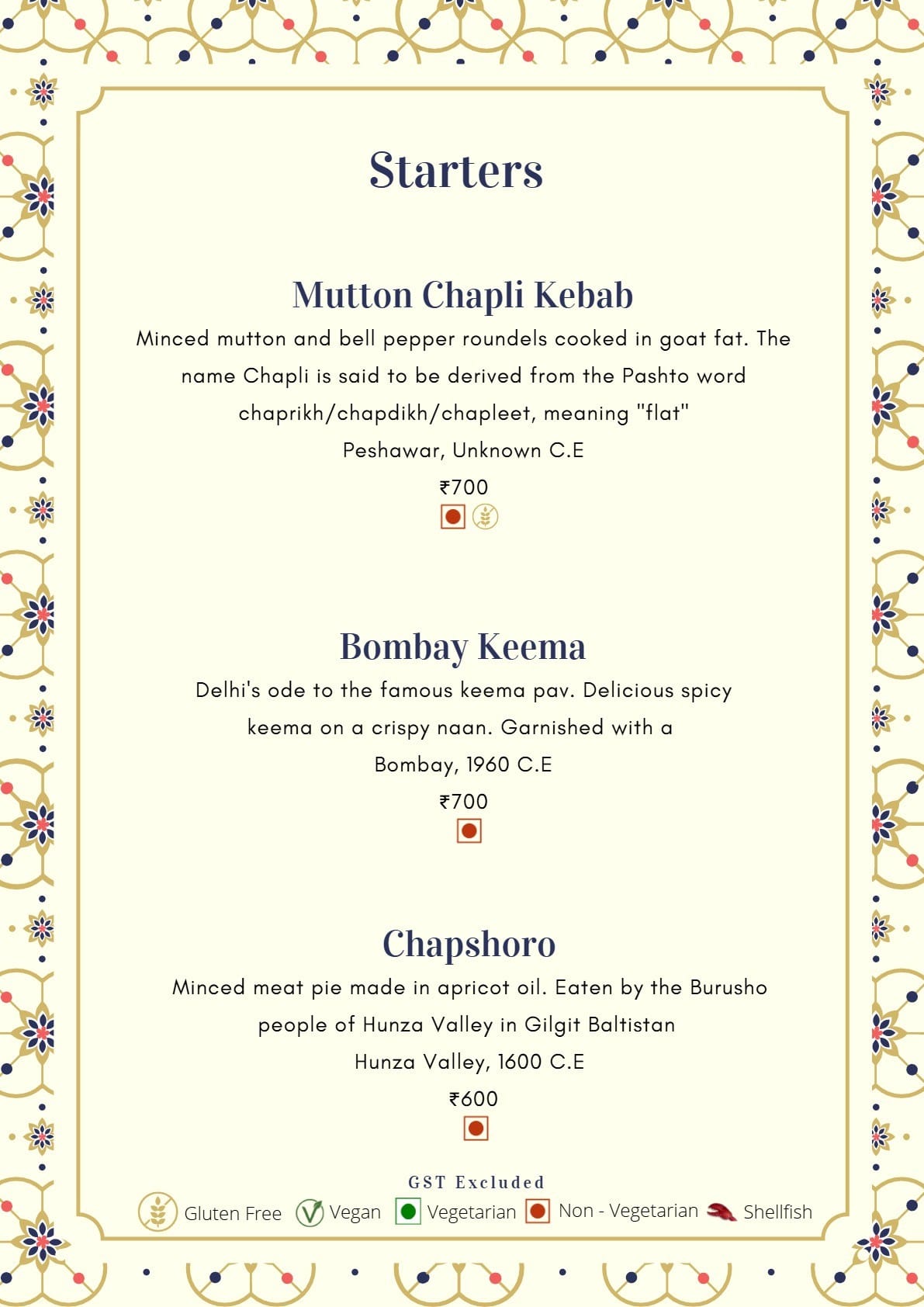 Dining Experience for Two at Mala-Akbari, Gurgaon — Food menu