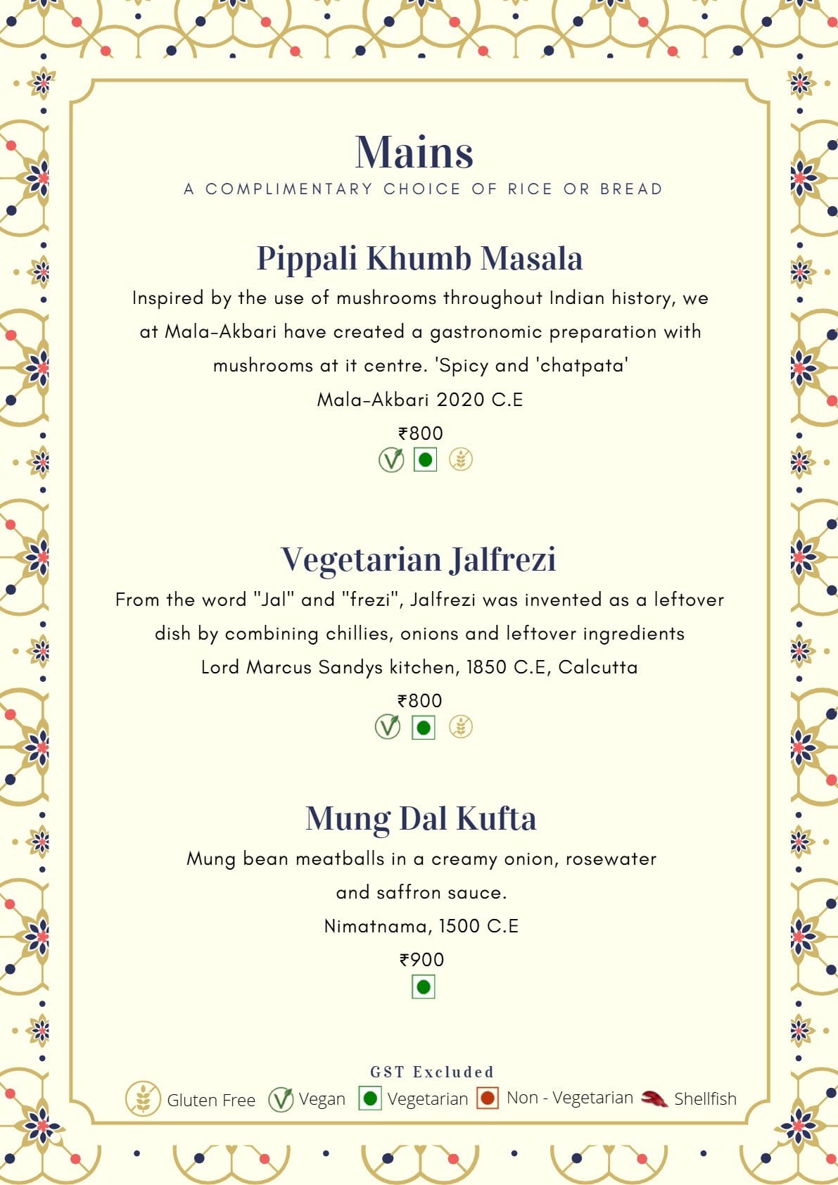 Dining Experience for Two at Mala-Akbari, Gurgaon — Food menu