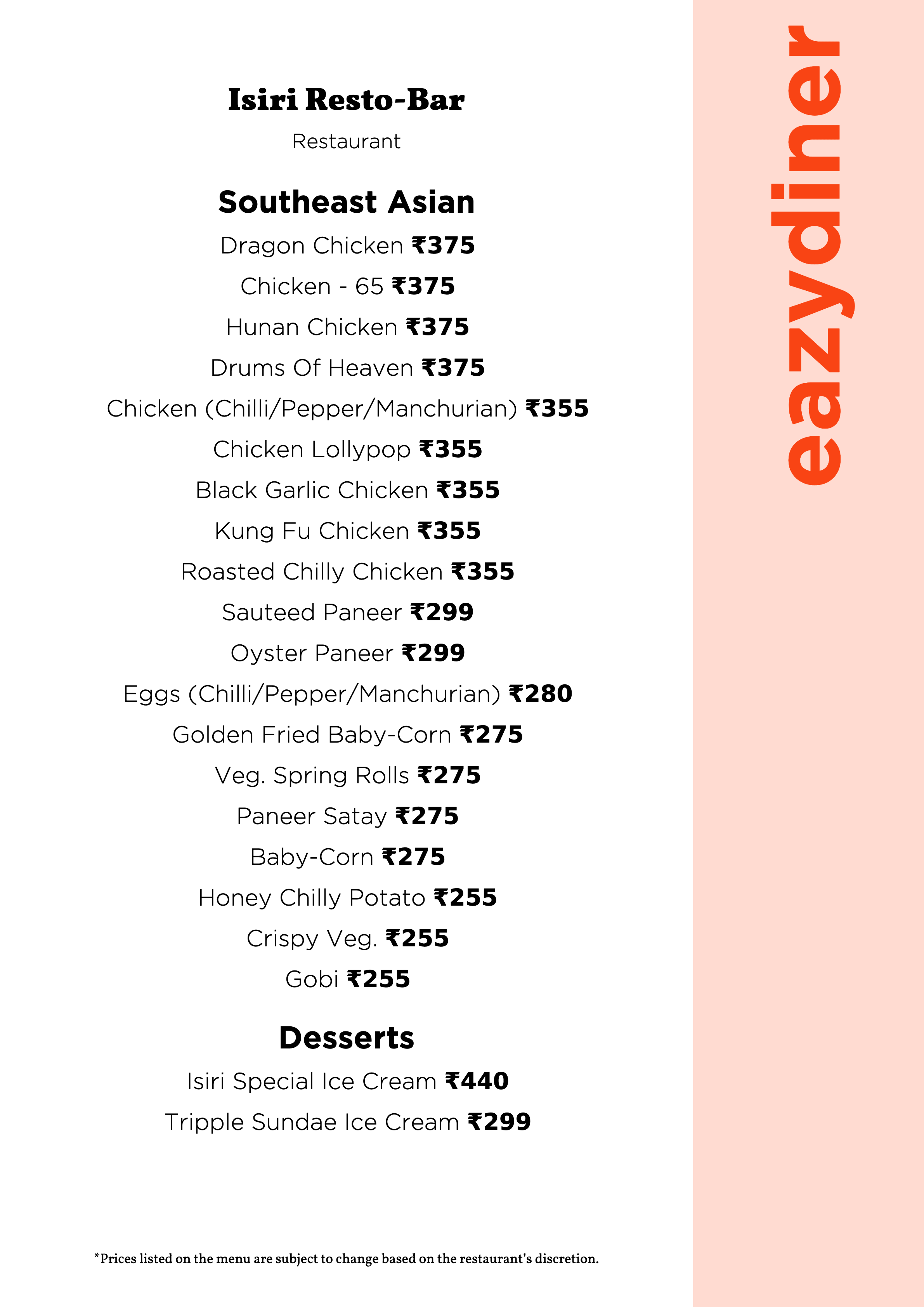 Menu of Isiri Resto-Bar, Marathahalli, East Bengaluru