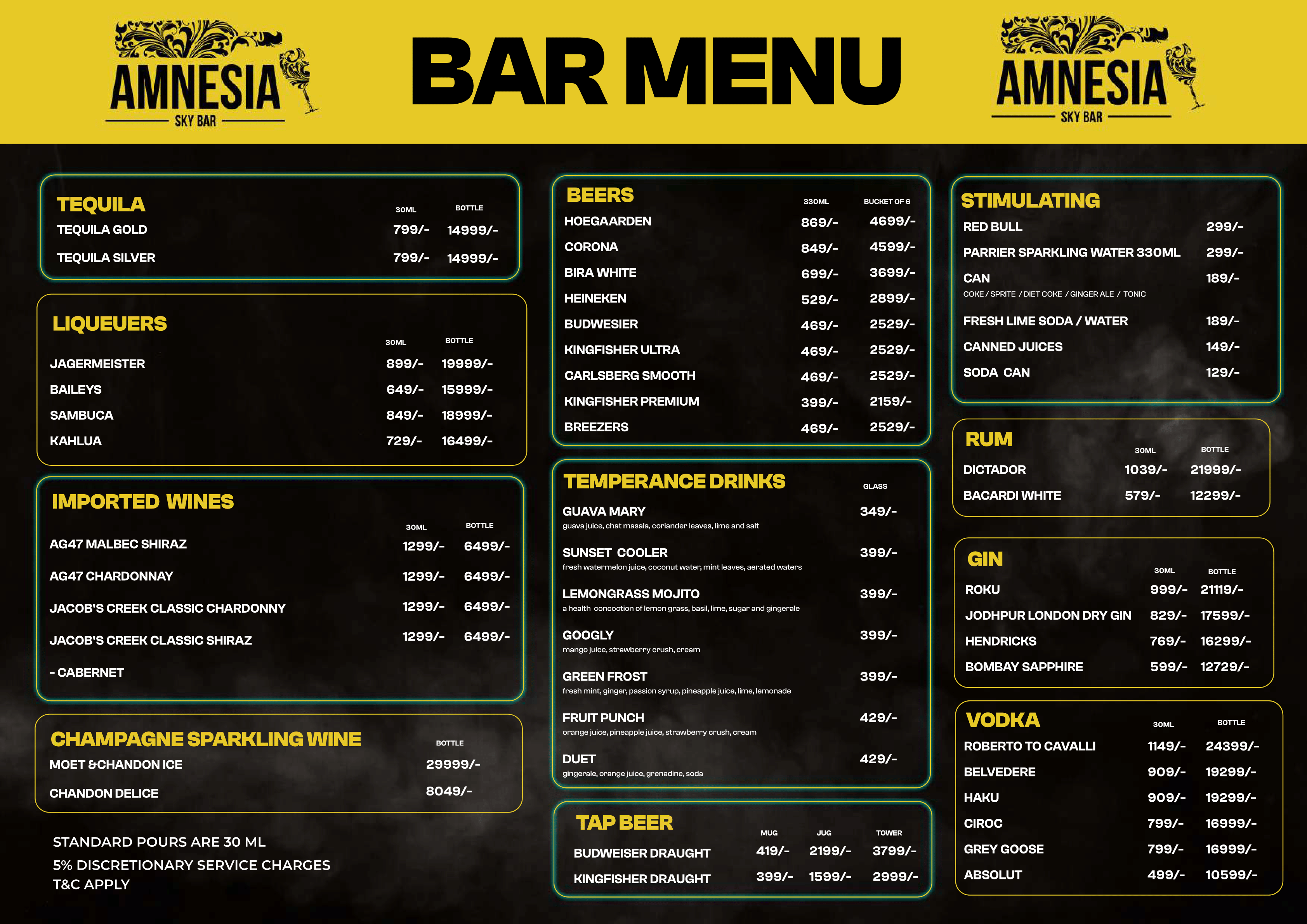 Menu of Amnesia Sky Bar, Inorbit Mall, Hitech City