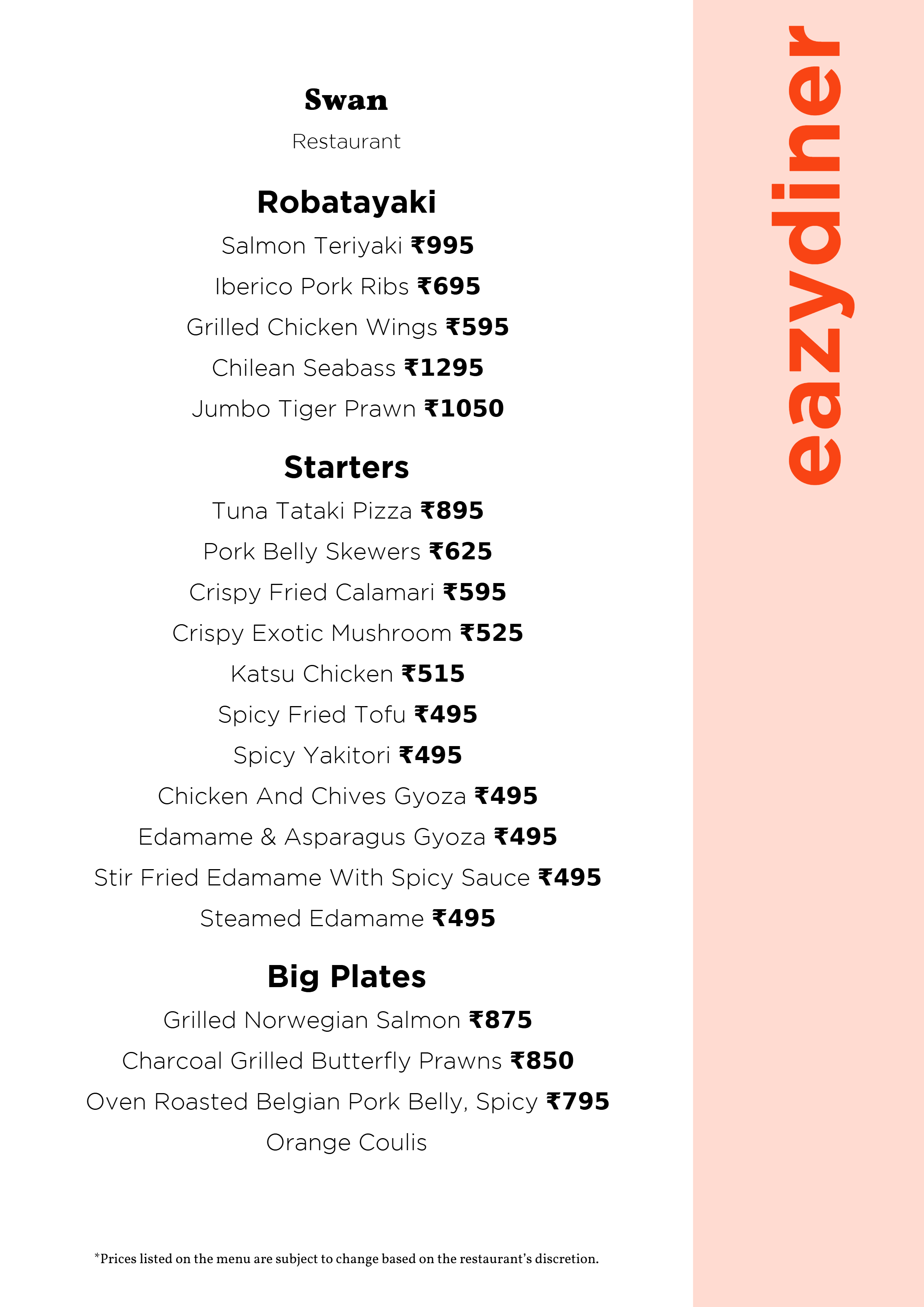 Dining Experience for Two at Swan, South Delhi — Food menu