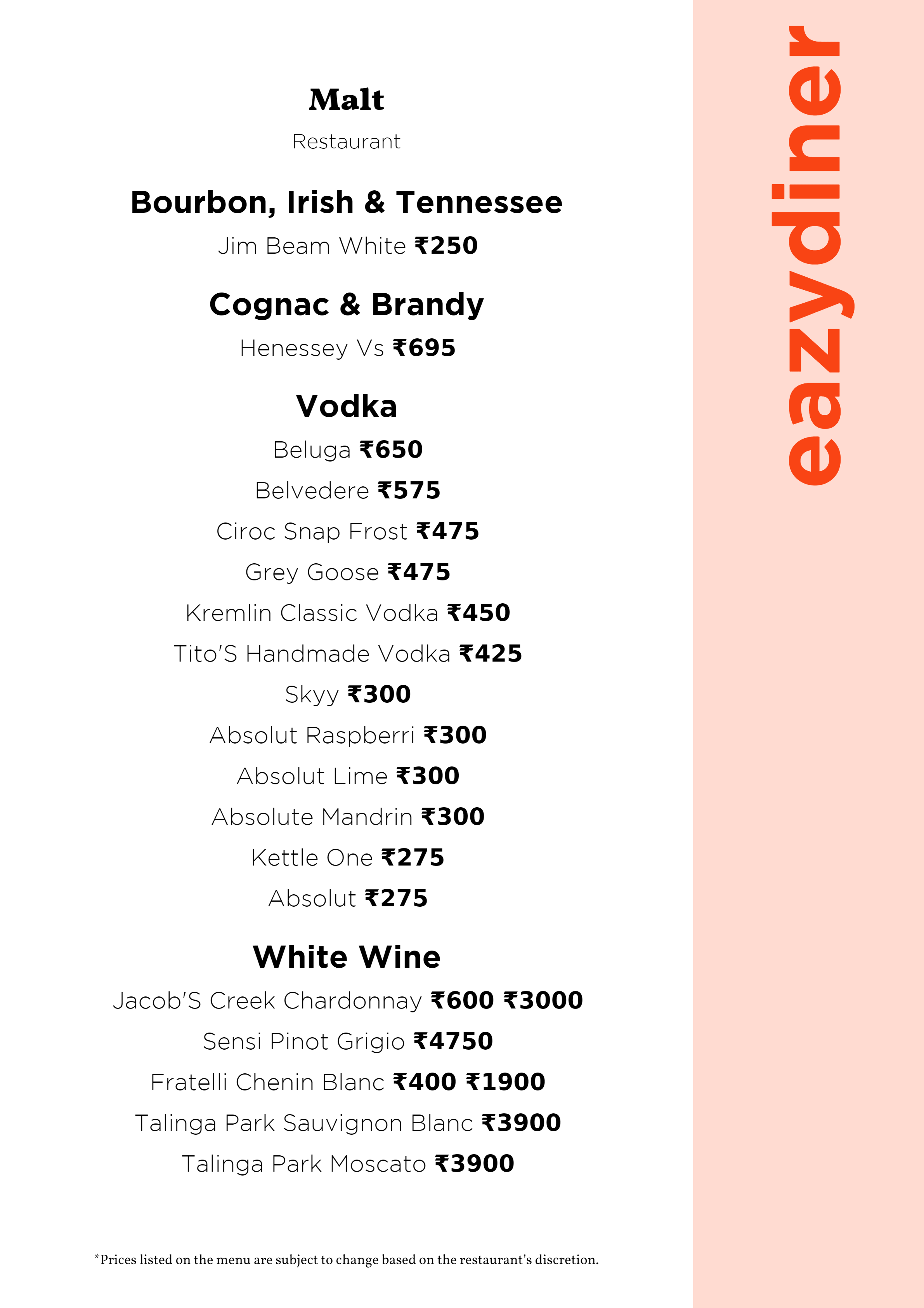 Menu of Malt, Rajarhat New Town, Kolkata