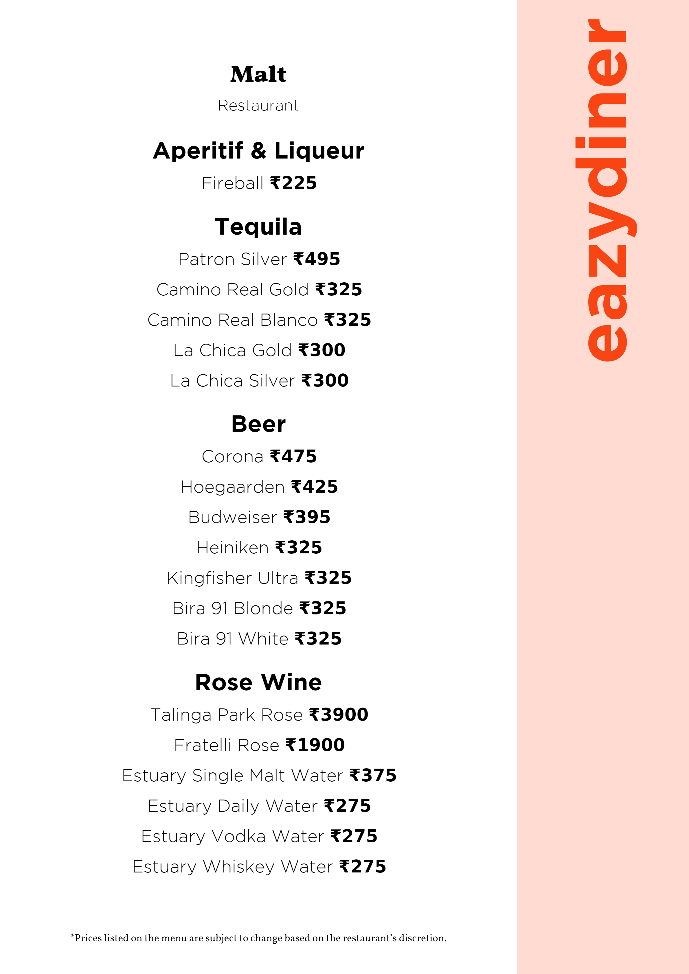 Menu of Malt, Rajarhat New Town, Kolkata