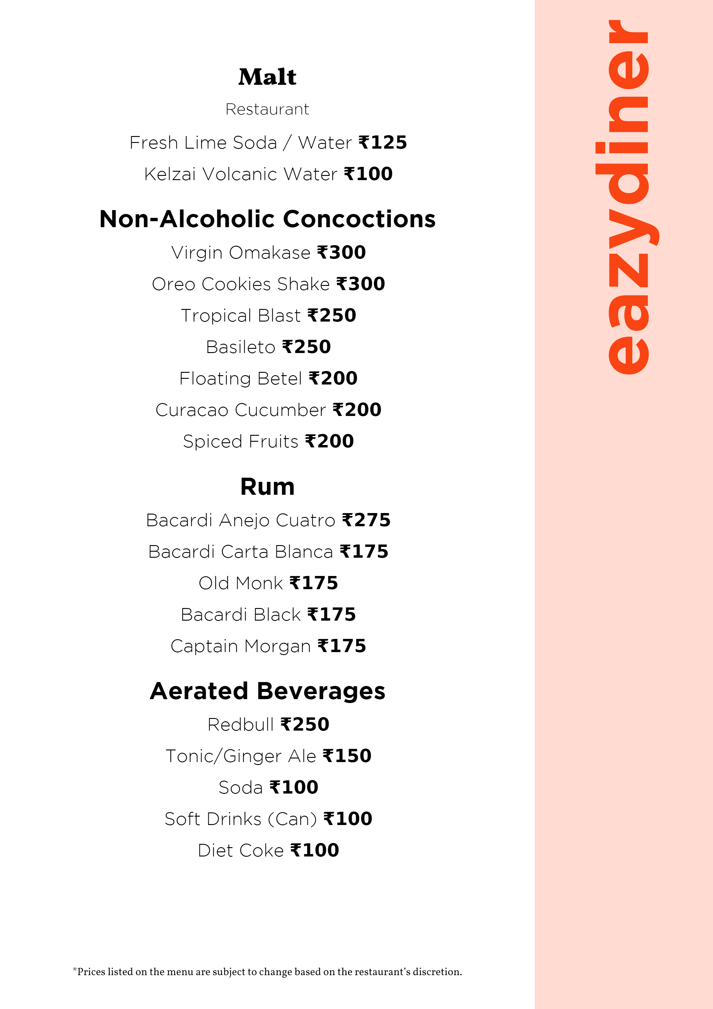 Menu of Malt, Rajarhat New Town, Kolkata