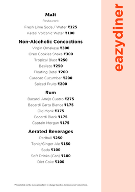 Menu of Malt, Rajarhat New Town, Kolkata