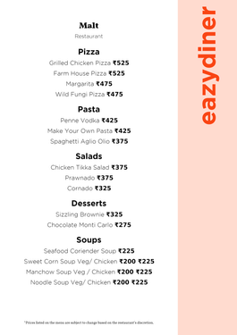 Menu of Malt, Rajarhat New Town, Kolkata