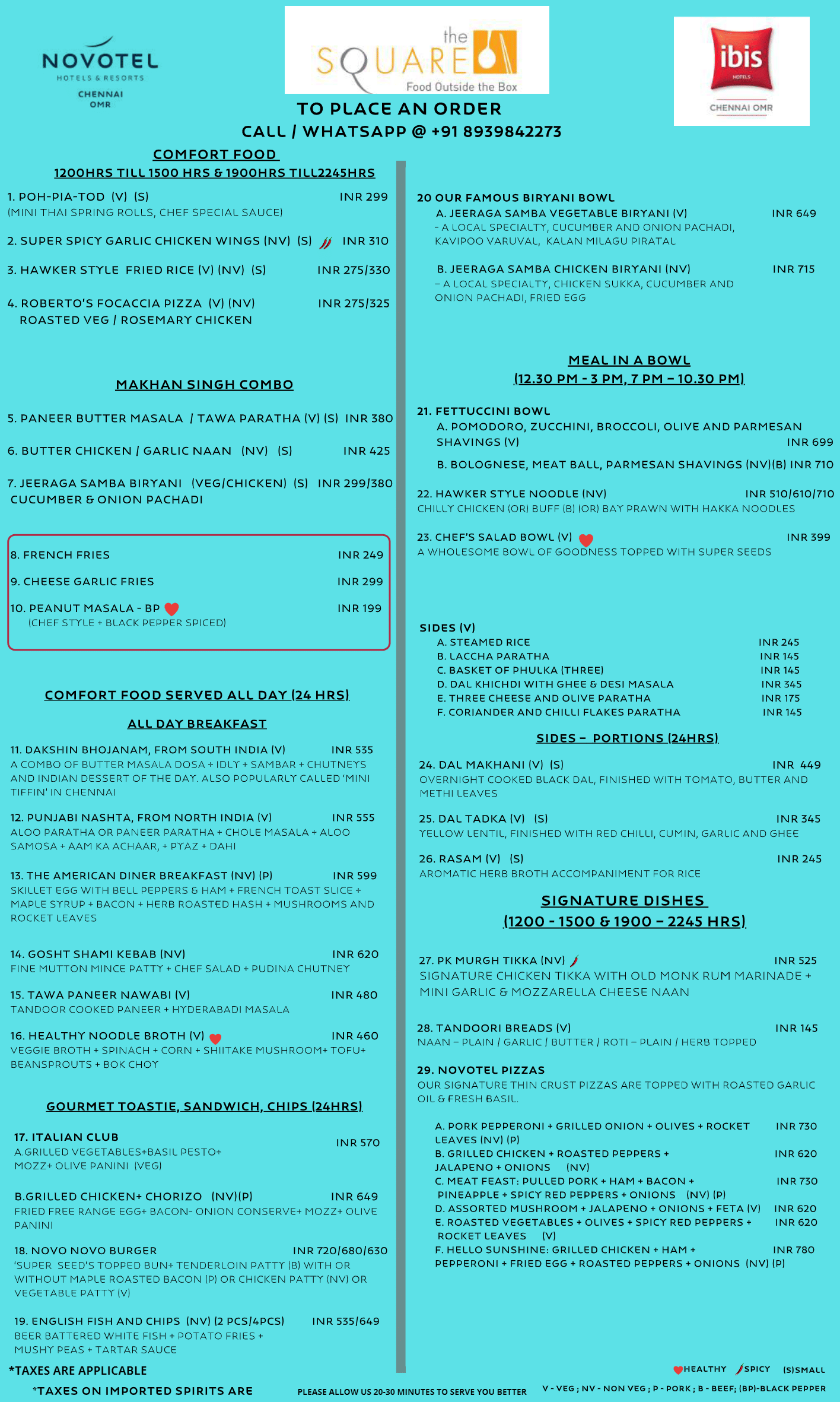 Menu of The Square, Novotel Chennai OMR, Chennai
